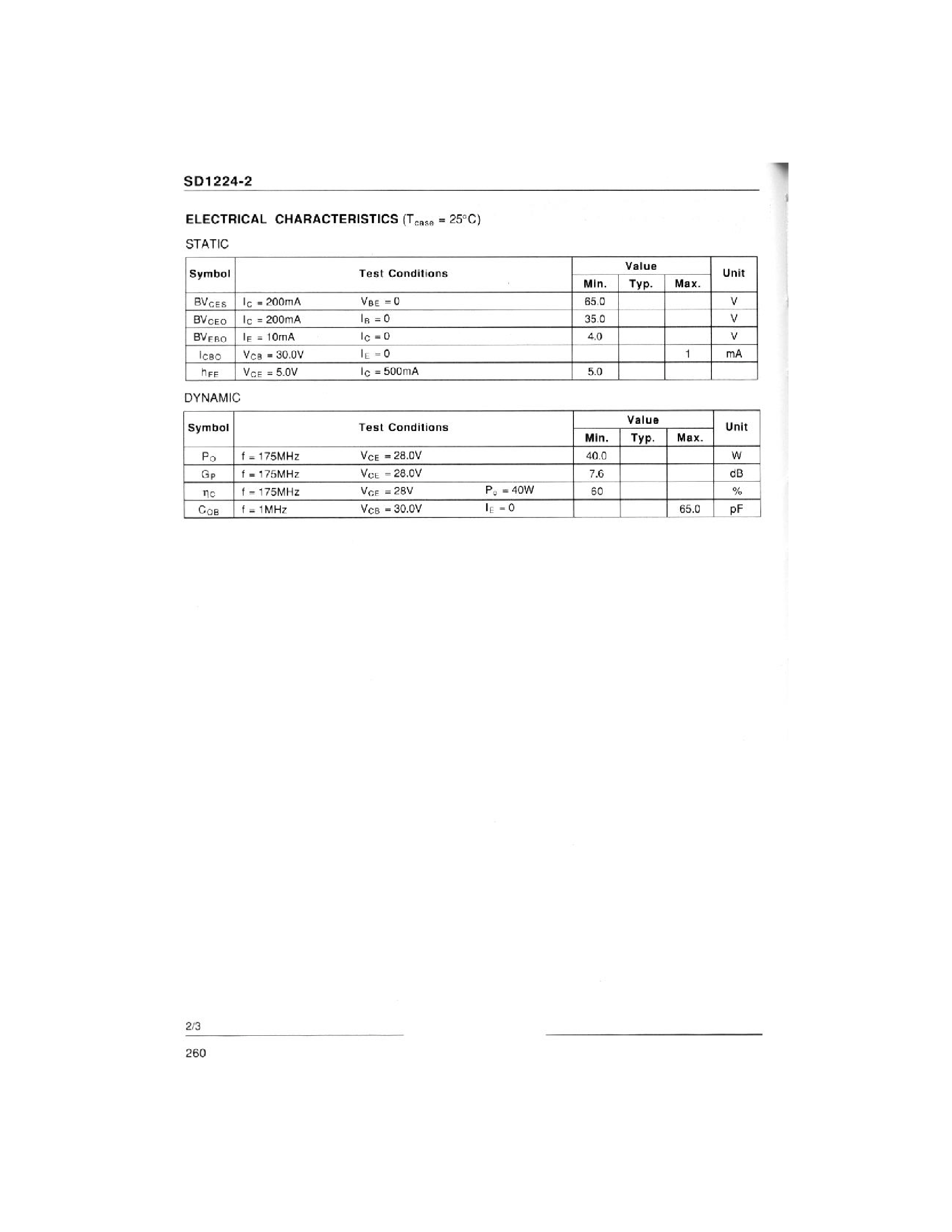 Datasheet SD1224-10 page 2 Datasheet SD1224-10 - RF & MICROWAVE TRANSISTORS HF SSB APPLICATIONS page 2