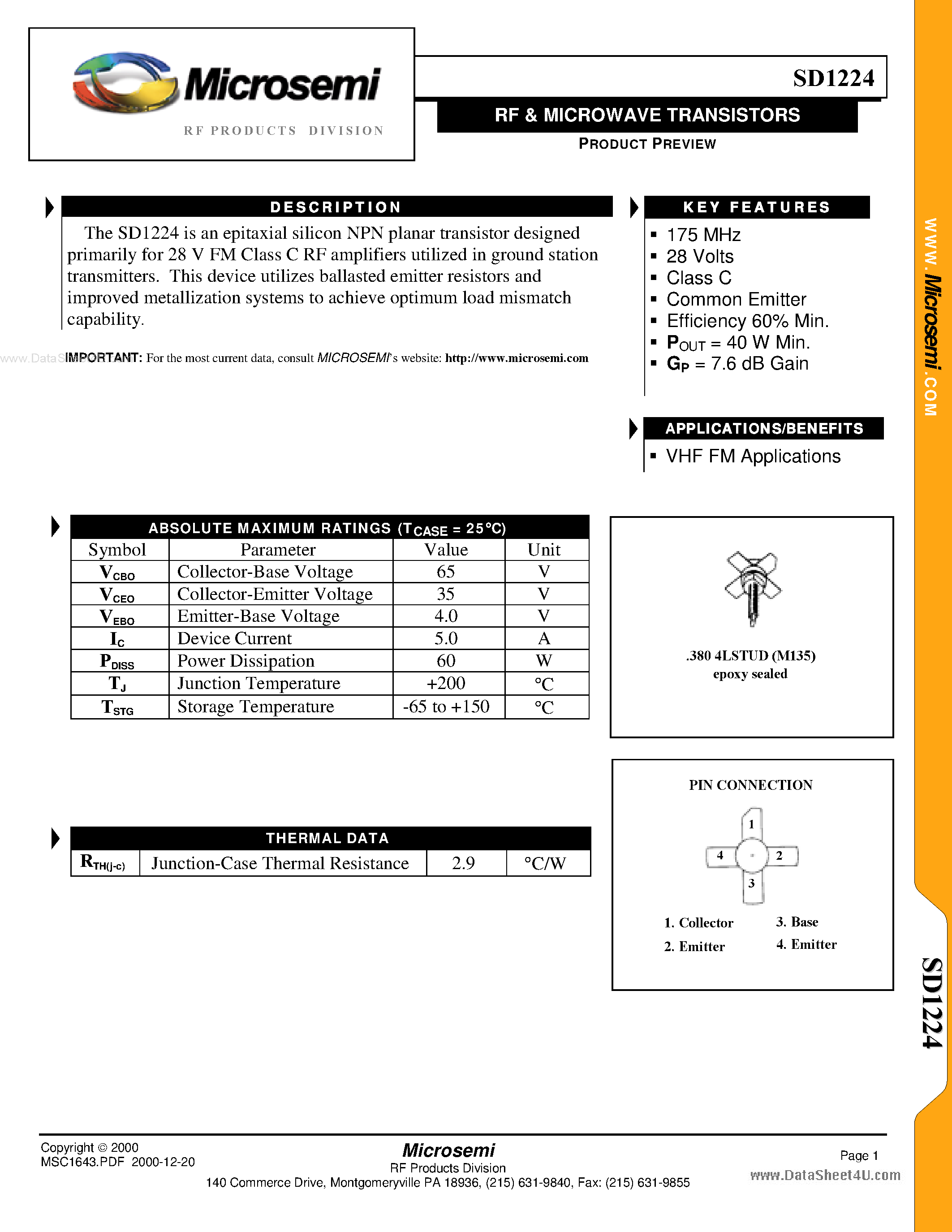 Datasheet SD1224 page 1 Datasheet SD1224 - RF & MICROWAVE TRANSISTORS page 1