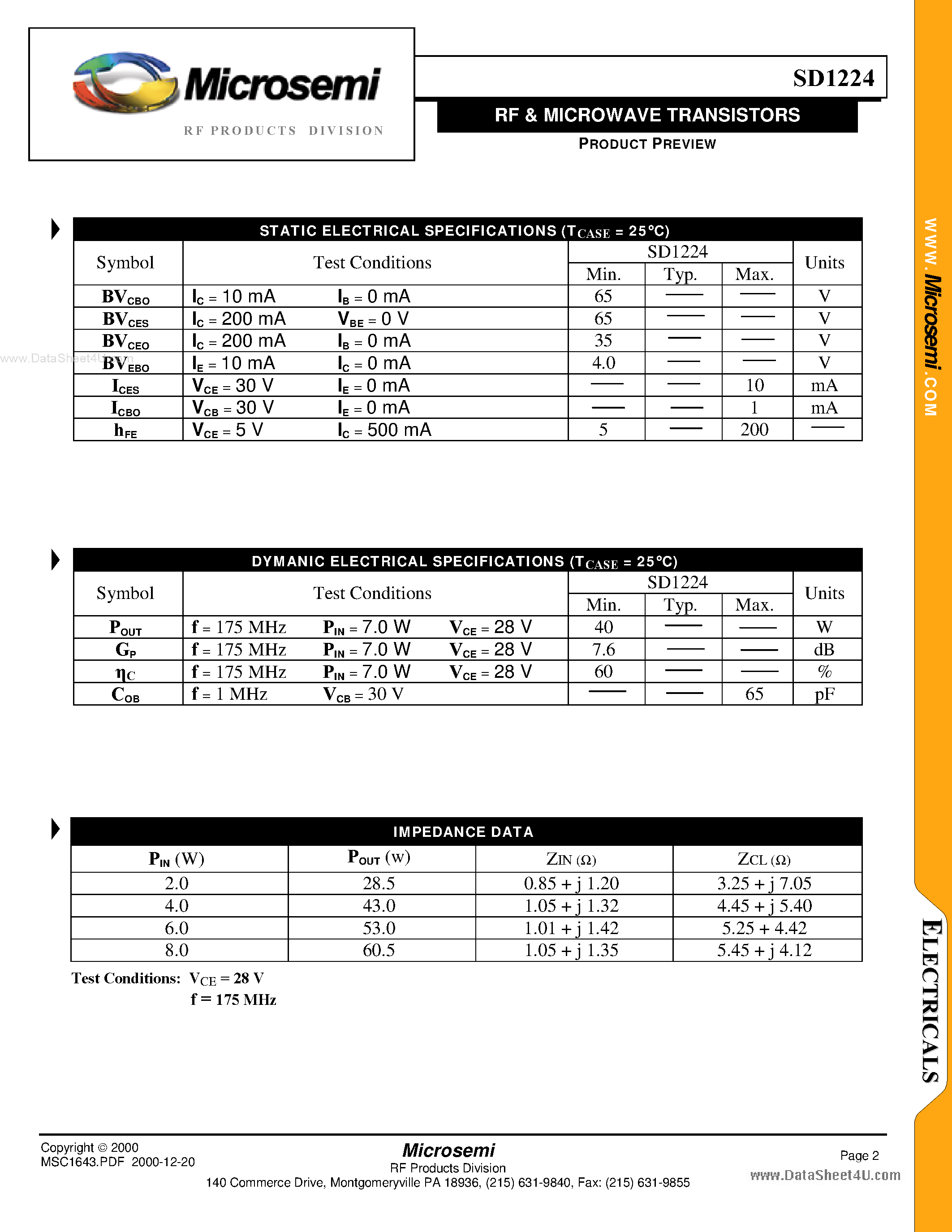 Datasheet SD1224 page 2 Datasheet SD1224 - RF & MICROWAVE TRANSISTORS page 2