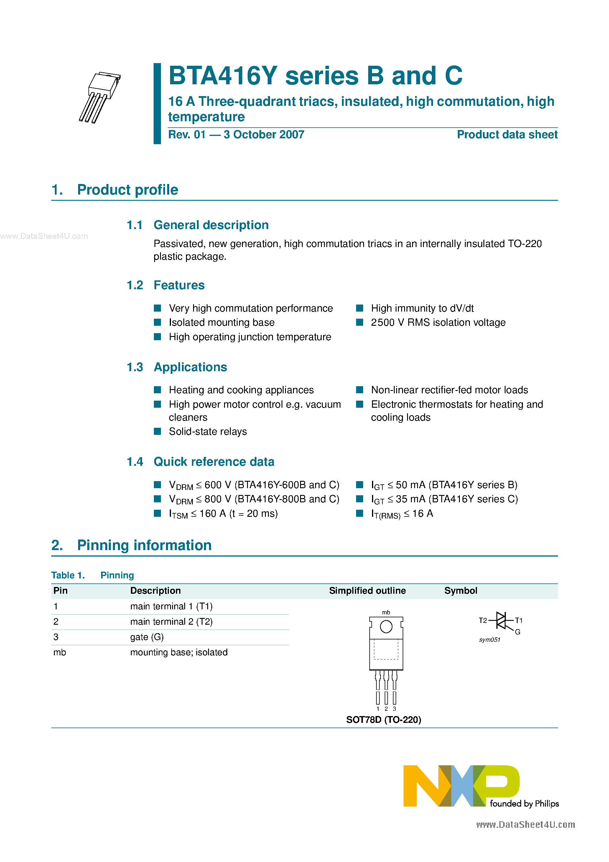 Datasheet BTA416Y page 1 Datasheet BTA416Y - Three-quadrant triacs page 1