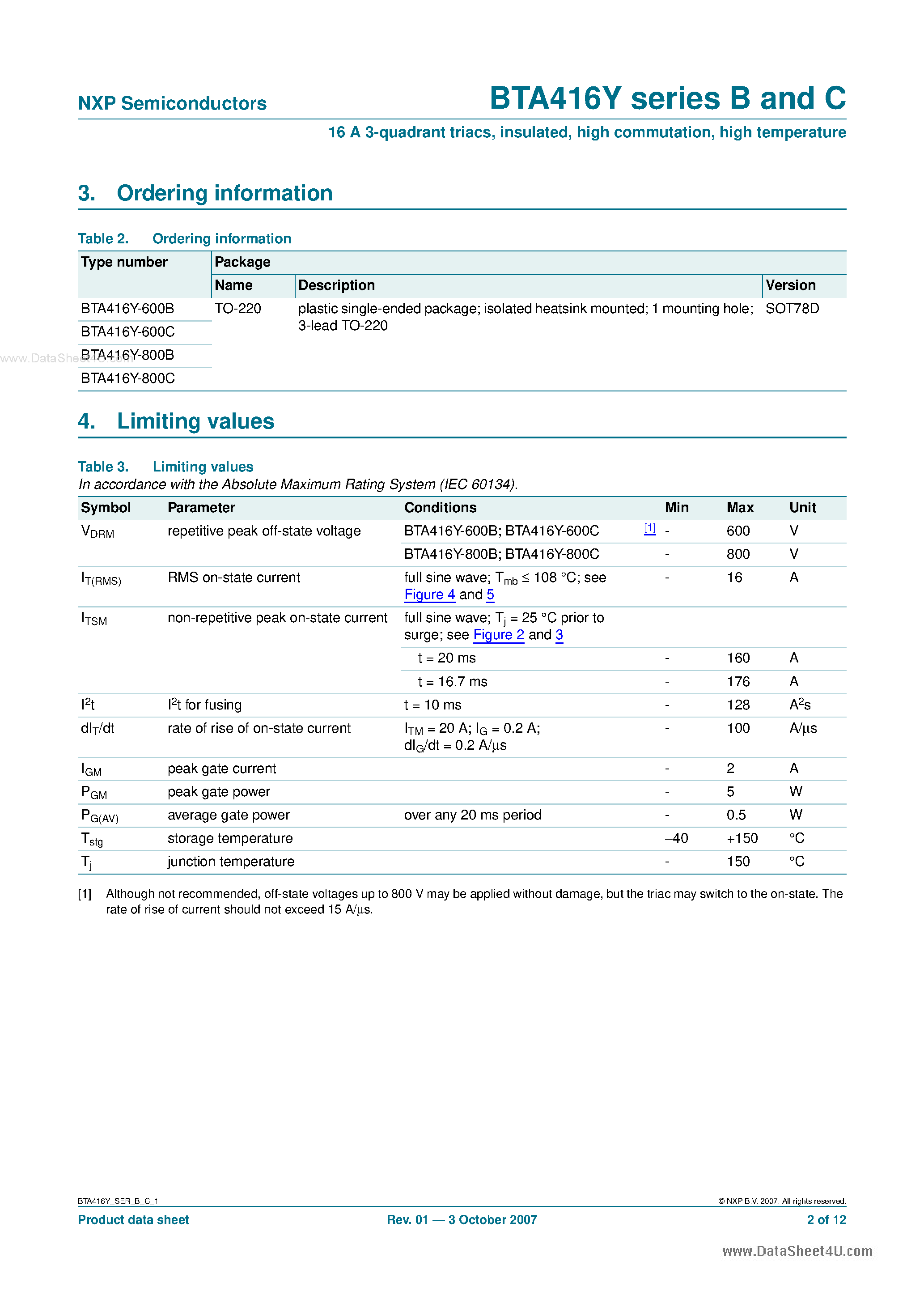 Datasheet BTA416Y page 2 Datasheet BTA416Y - Three-quadrant triacs page 2