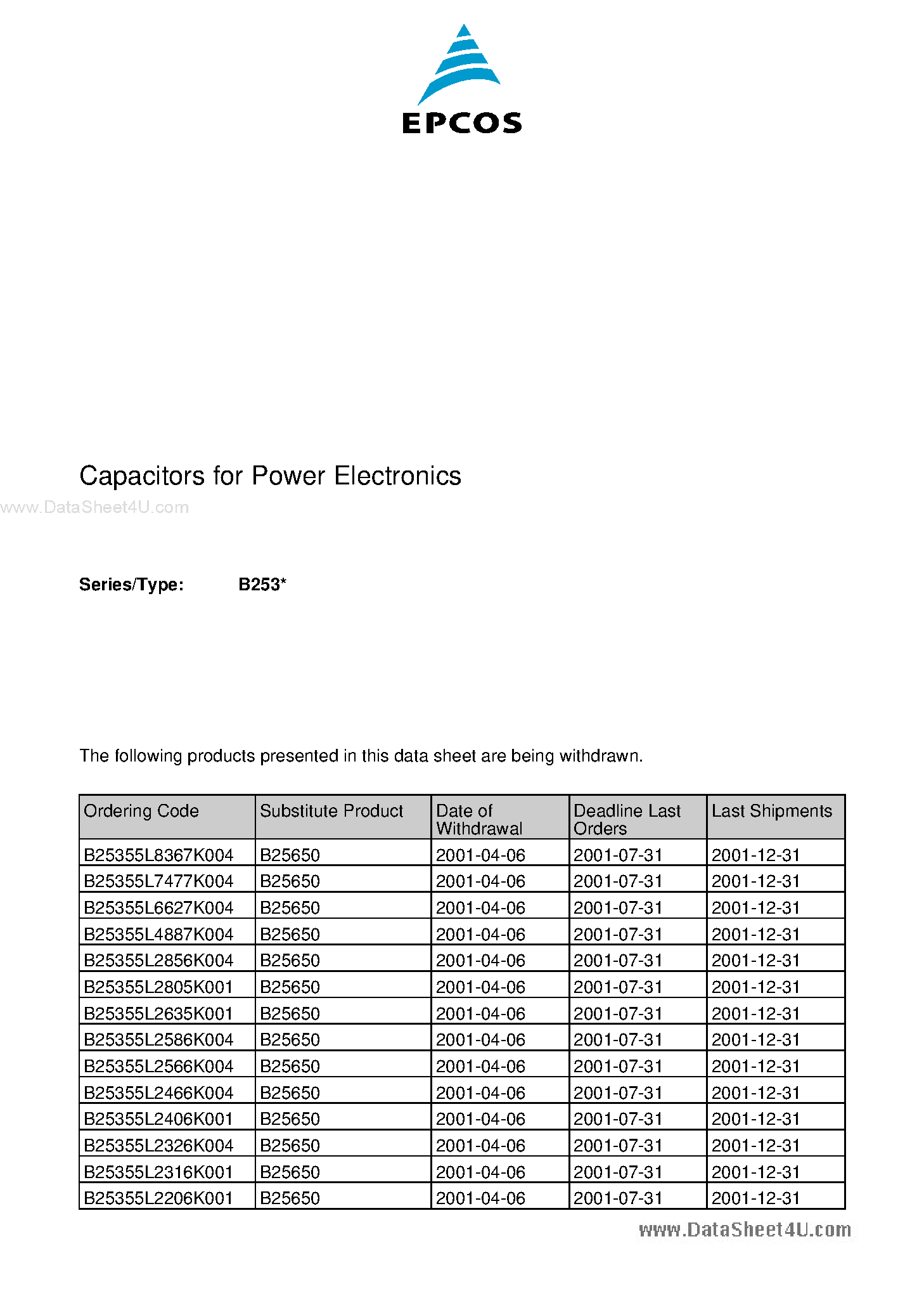 Datasheet B25355 page 1 Datasheet B25355 - MP DC Capacitors page 1