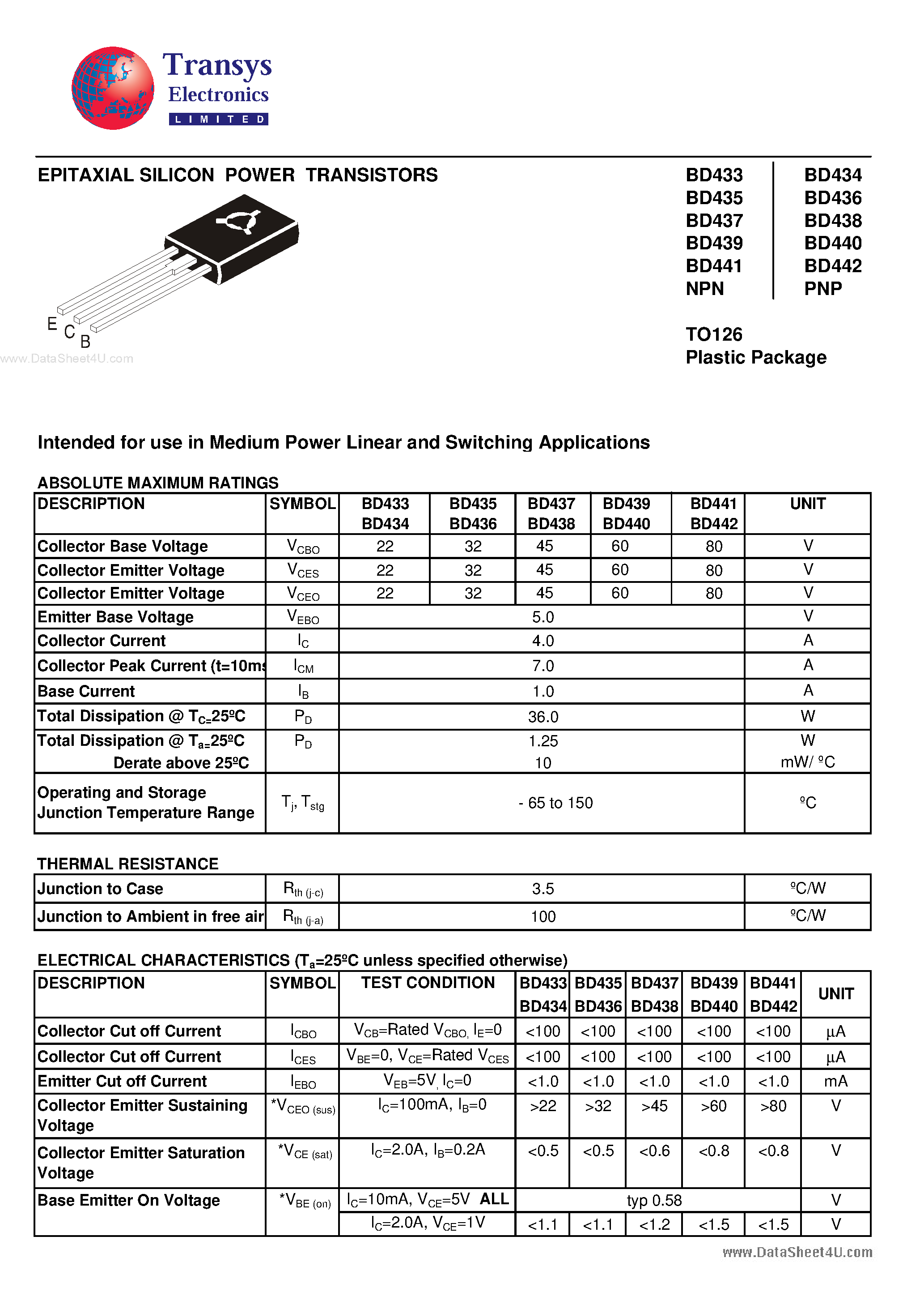 Даташит на микросхему BD433 страница 1 Даташит BD433 - (BD438) EPITAXIAL SILICON POWER TRANSISTORS страница 1