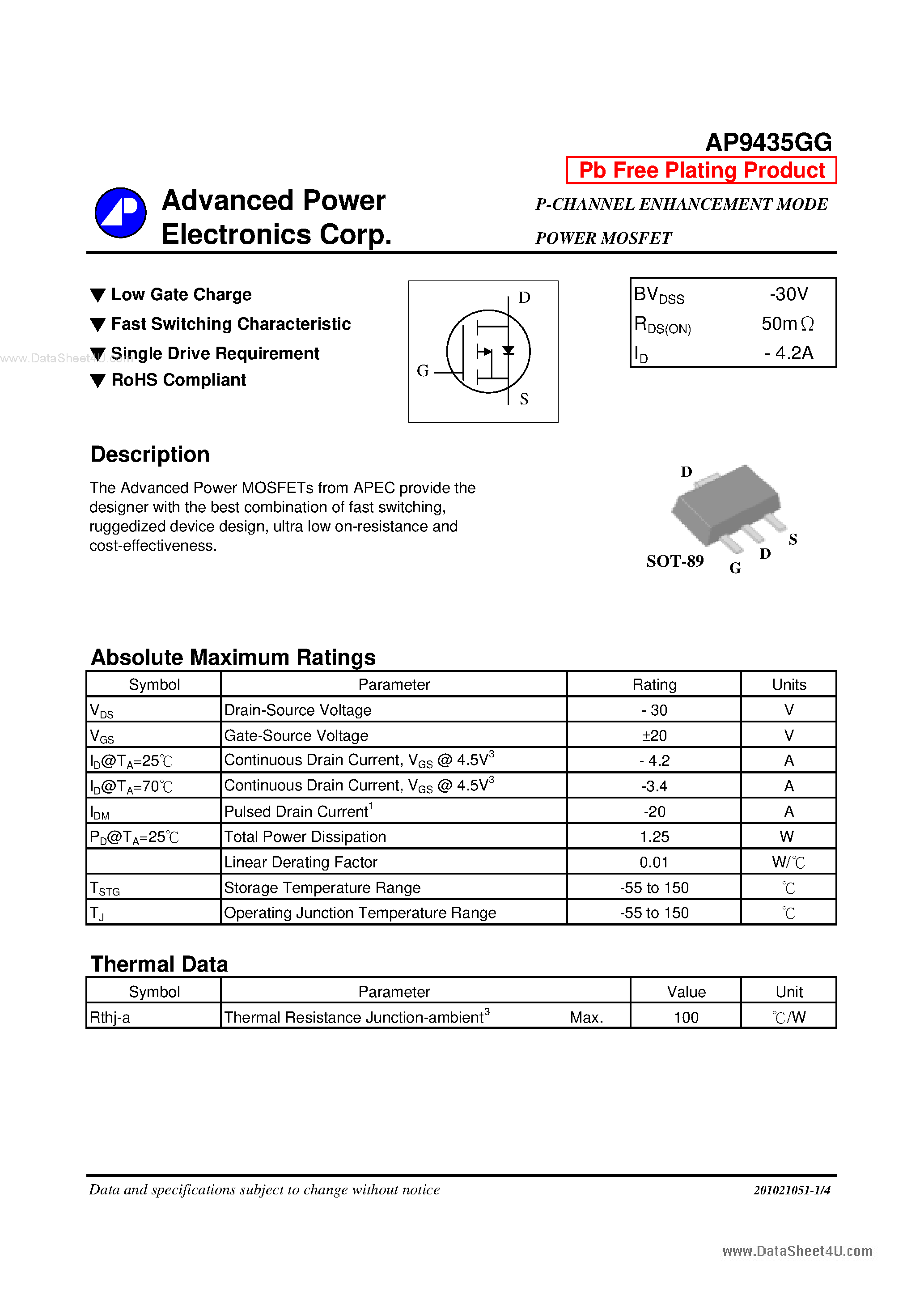 Даташит AP9435GG - P-CHANNEL ENHANCEMENT MODE POWER MOSFET страница 1