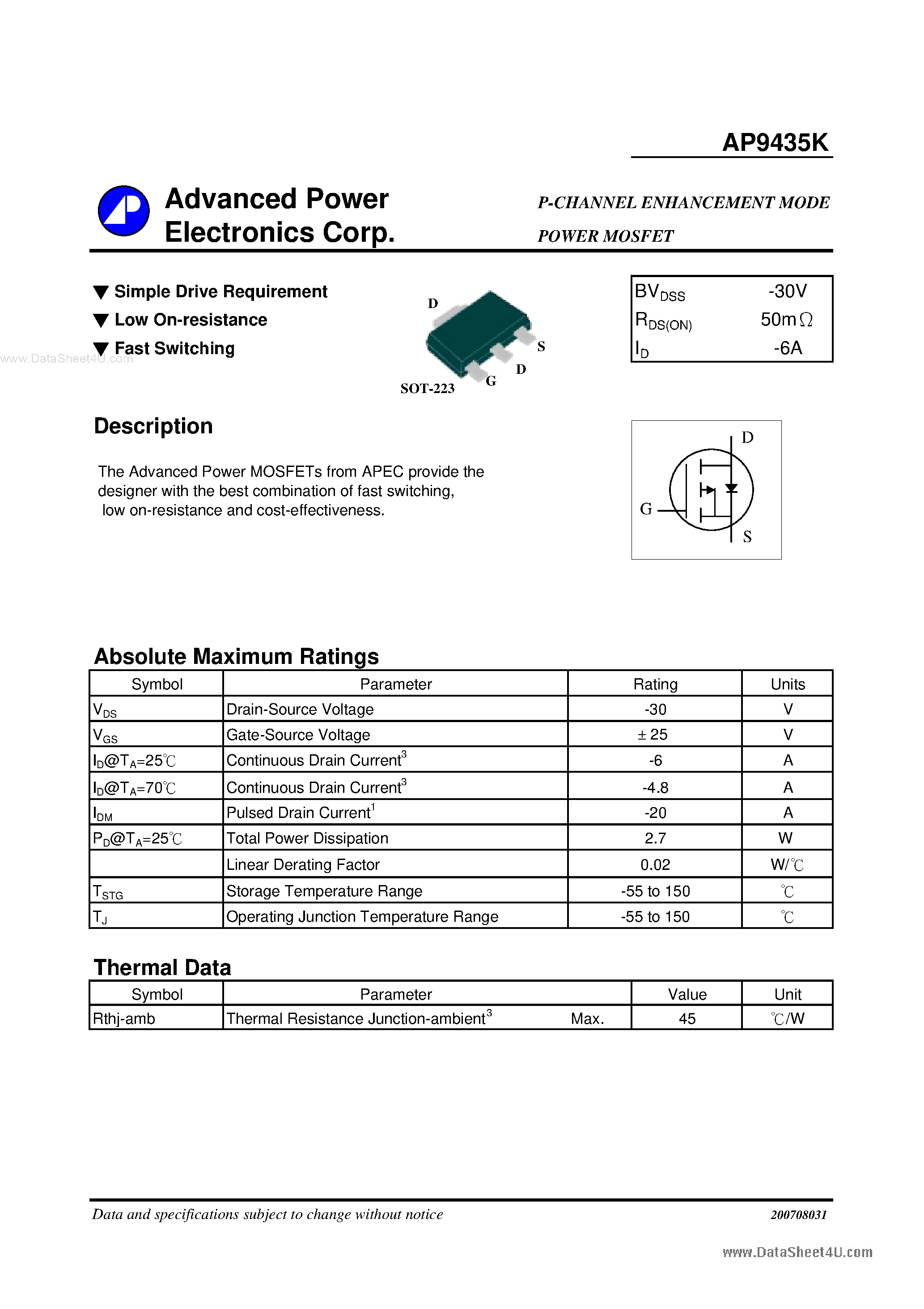 Даташит AP9435K - P-CHANNEL ENHANCEMENT MODE POWER MOSFET страница 1