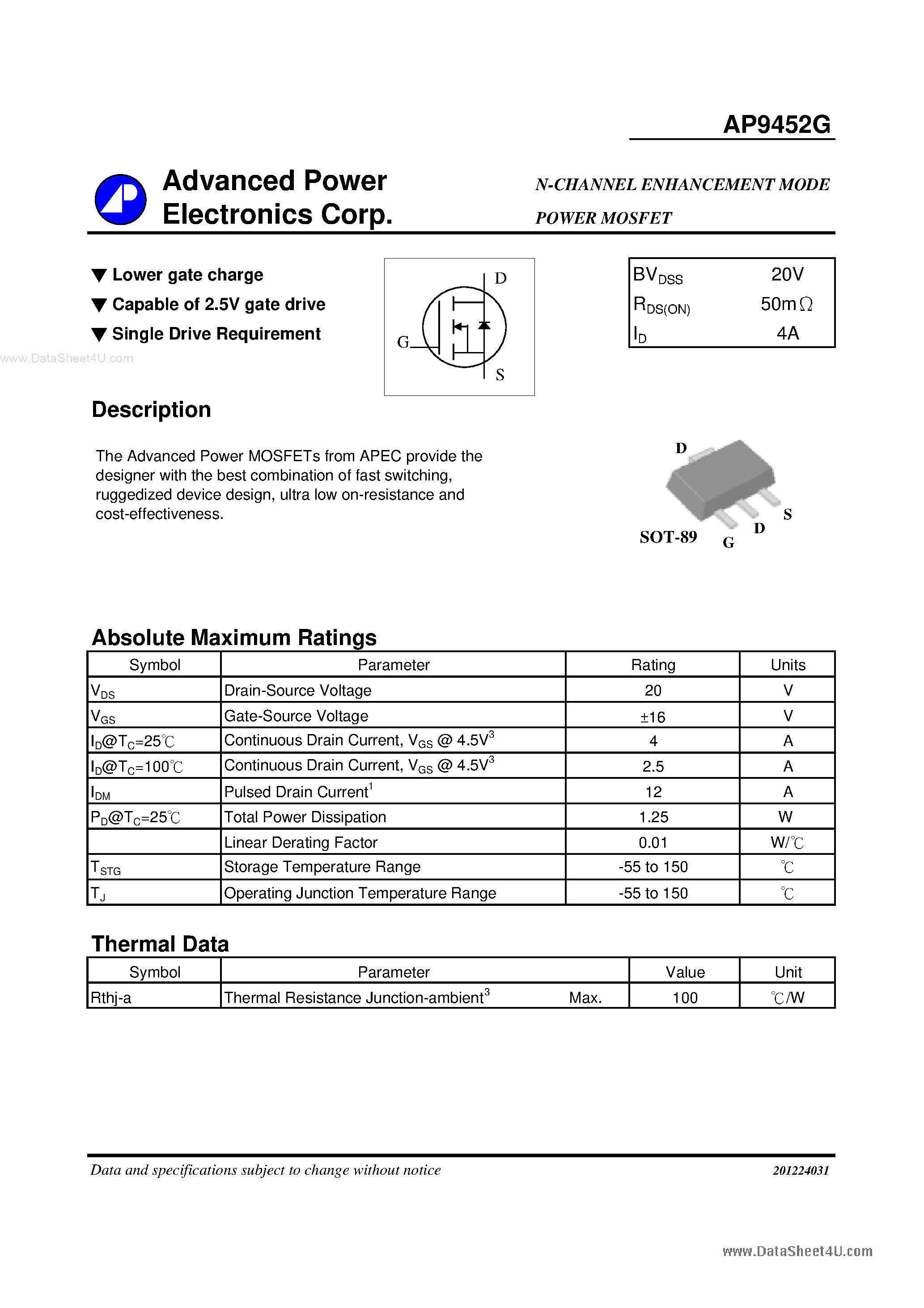 Datasheet AP9452G - N-CHANNEL ENHANCEMENT MODE POWER MOSFET page 1