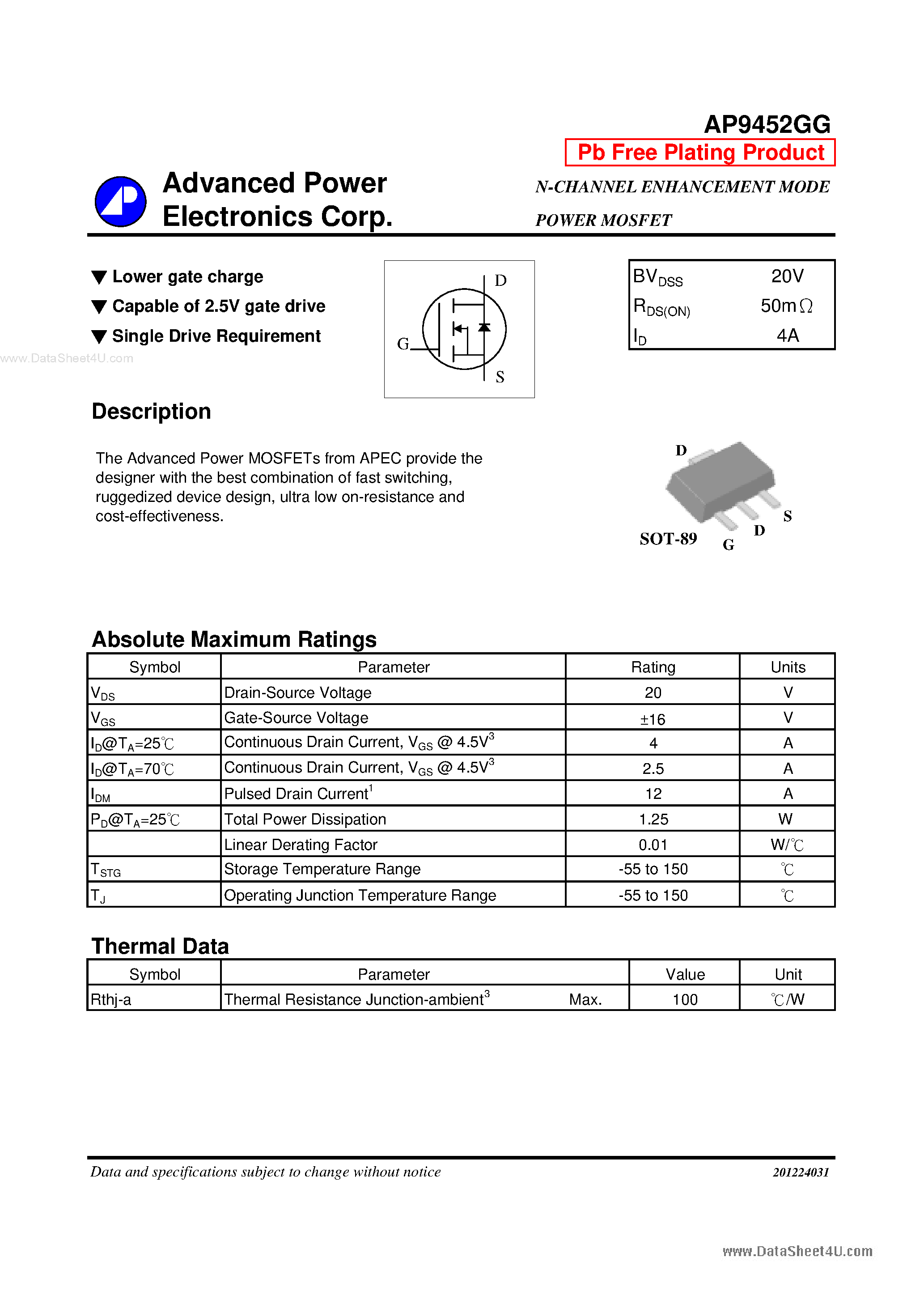 Datasheet AP9452GG - N-CHANNEL ENHANCEMENT MODE POWER MOSFET page 1