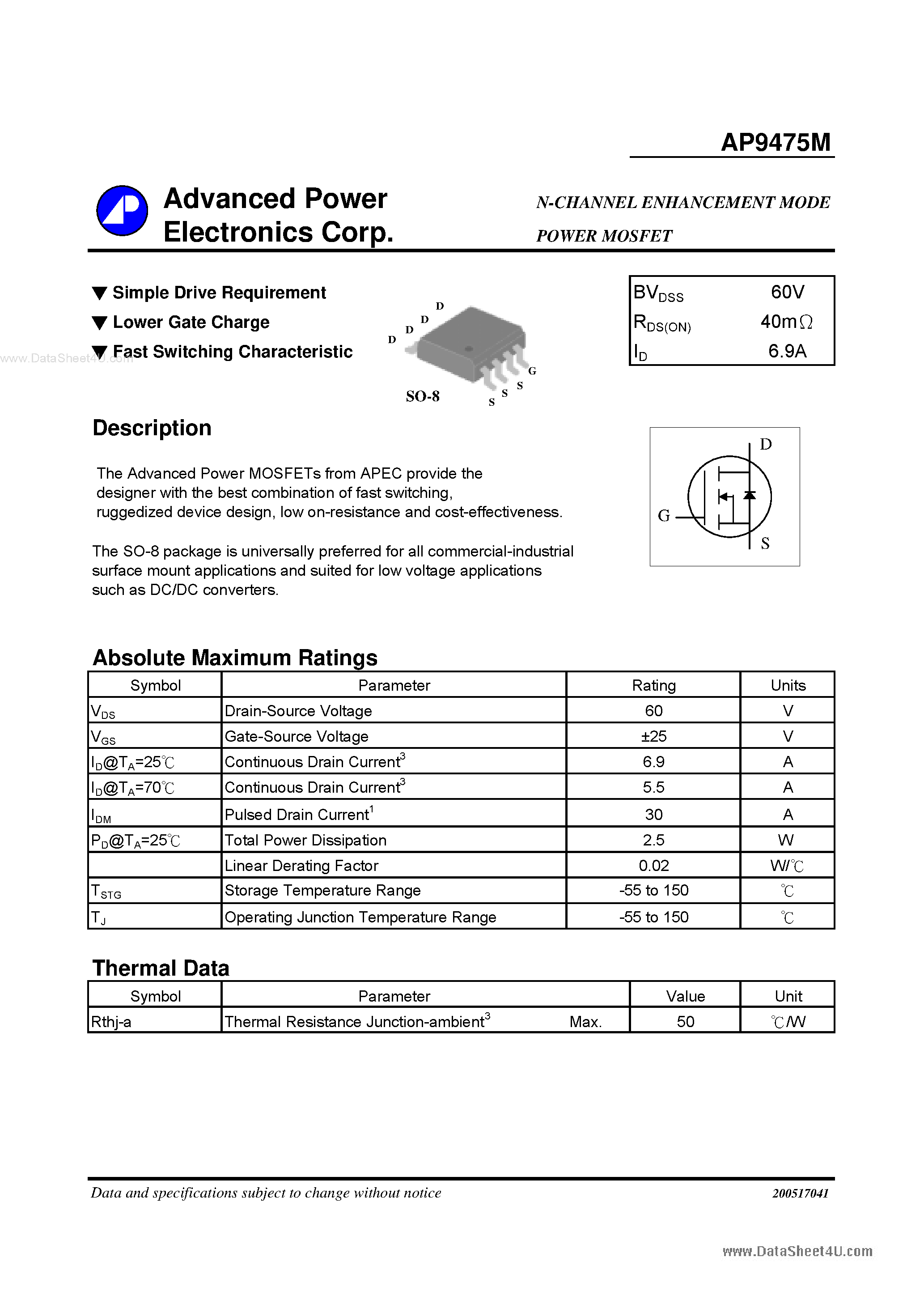 Datasheet AP9475M - N-CHANNEL ENHANCEMENT MODE POWER MOSFET page 1