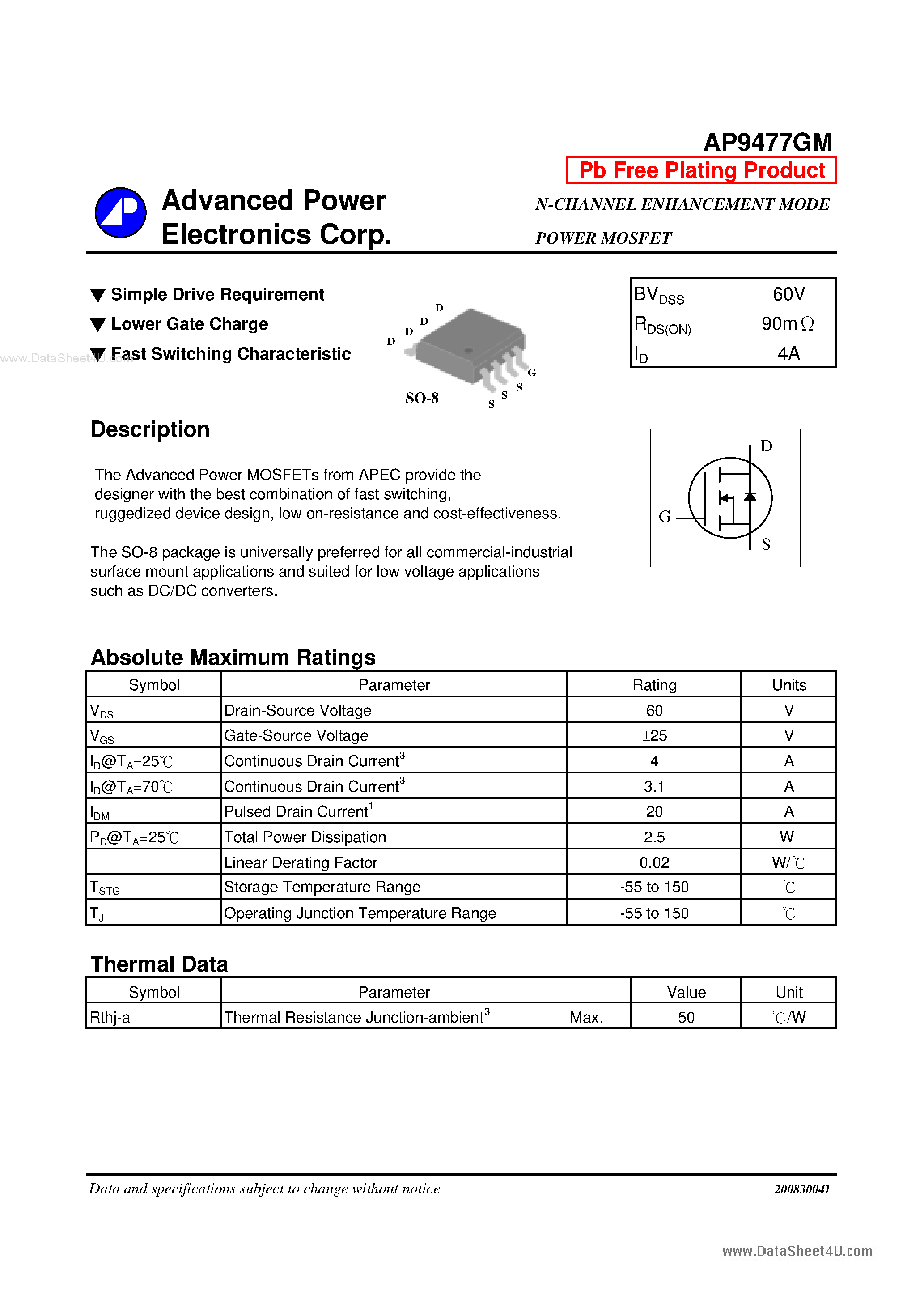 Datasheet AP9477GM - N-CHANNEL ENHANCEMENT MODE POWER MOSFET page 1