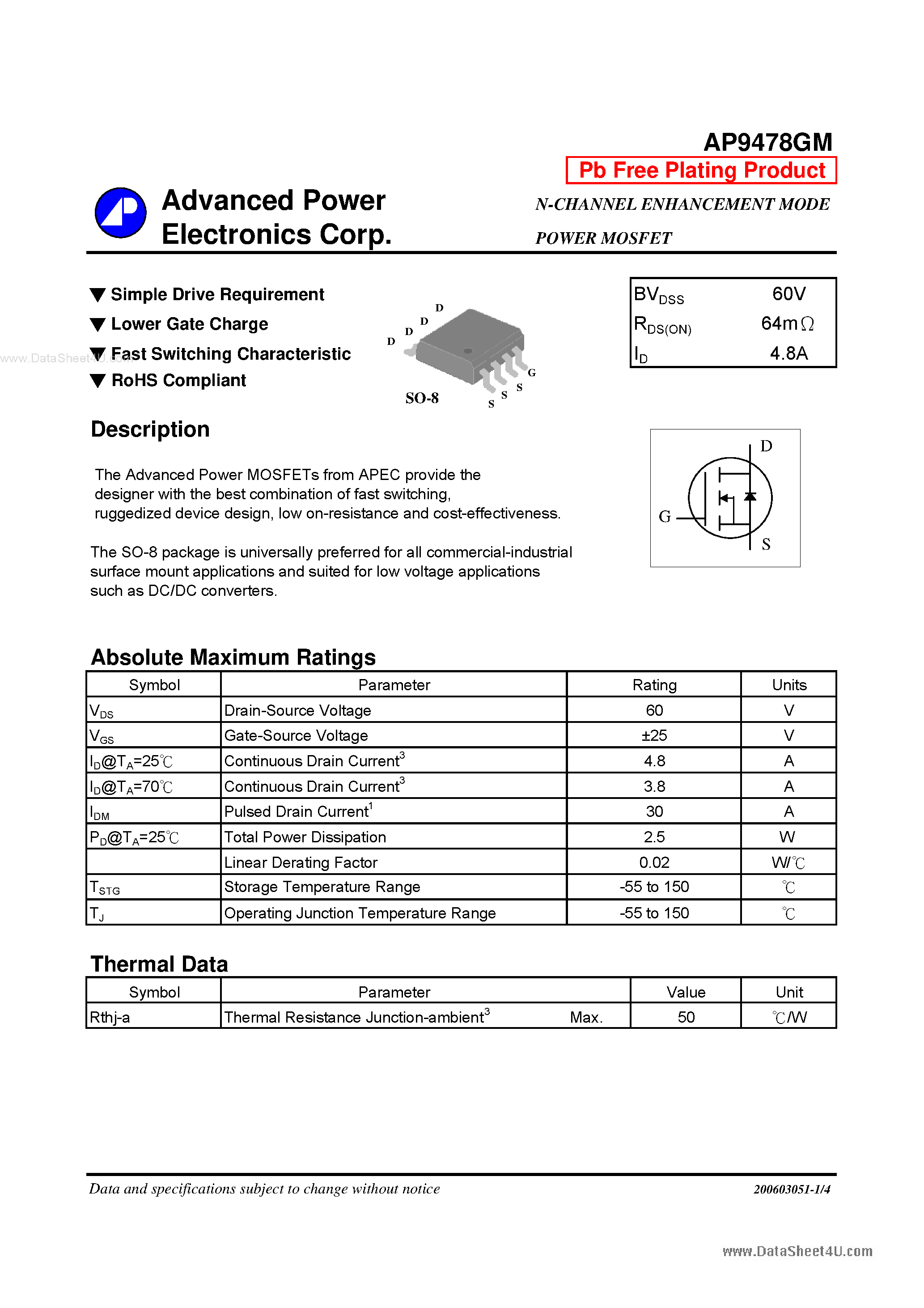 Datasheet AP9478GM - N-CHANNEL ENHANCEMENT MODE POWER MOSFET page 1