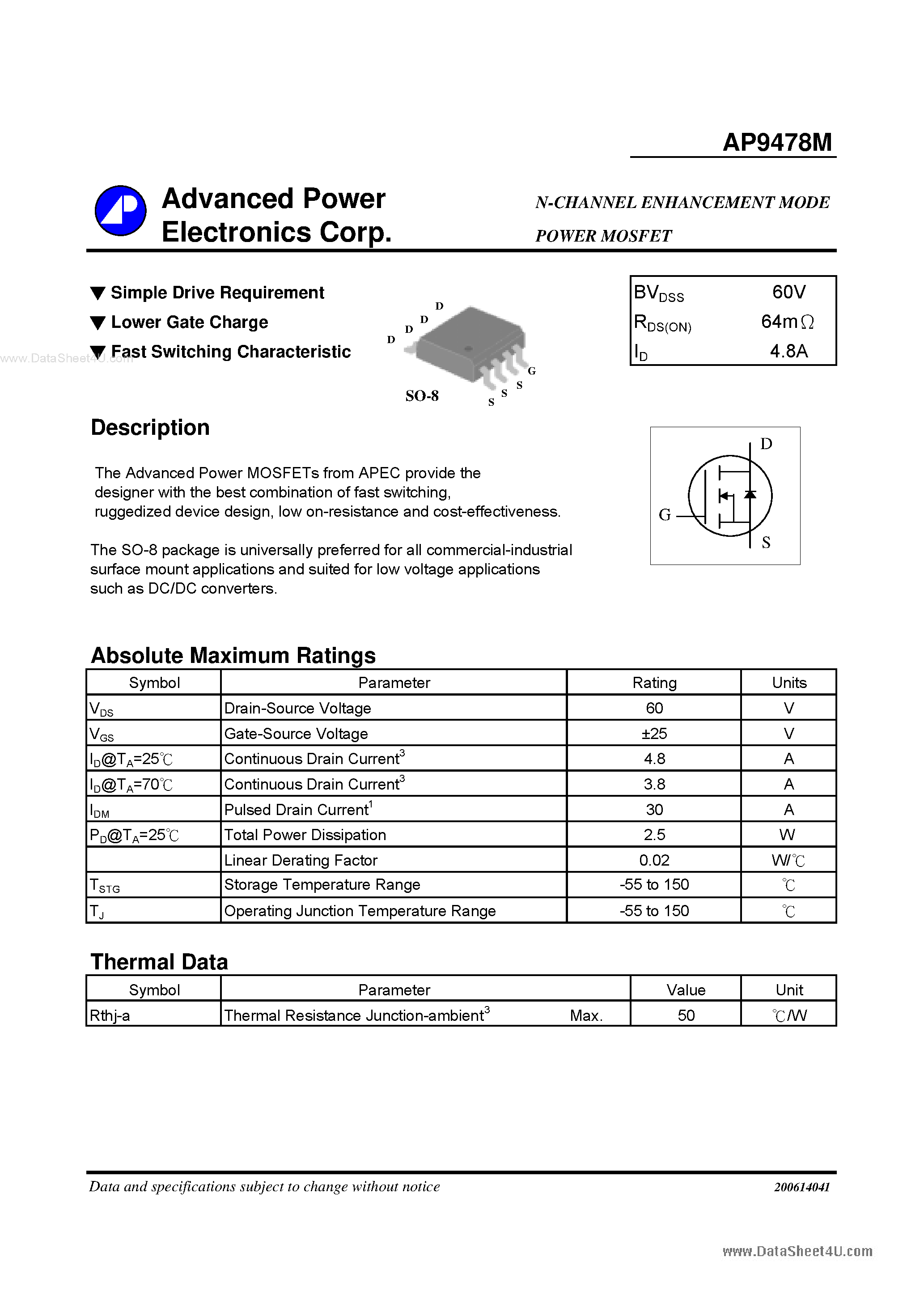Datasheet AP9478M - N-CHANNEL ENHANCEMENT MODE POWER MOSFET page 1
