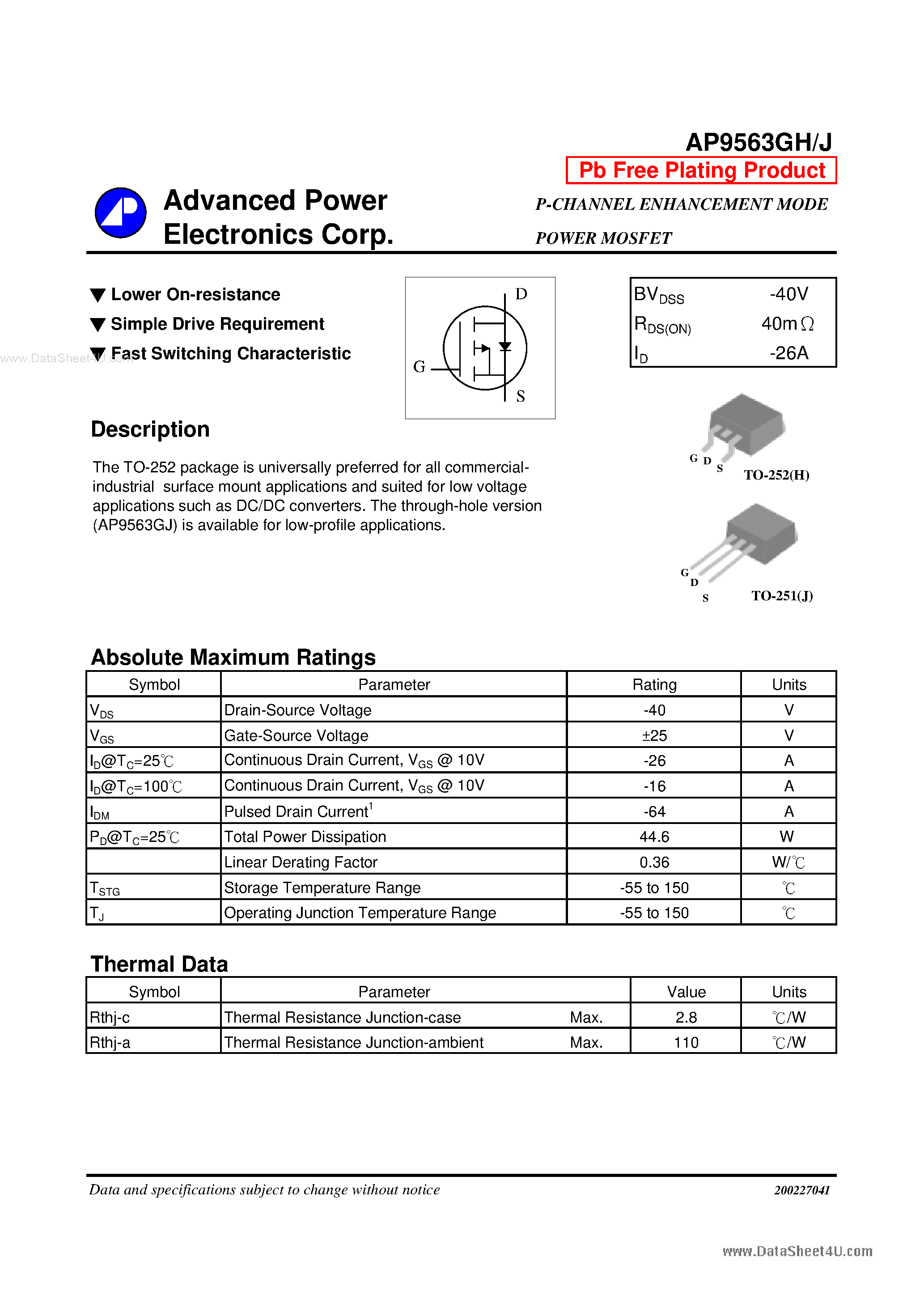Даташит AP9563GH - P-CHANNEL ENHANCEMENT MODE POWER MOSFET страница 1