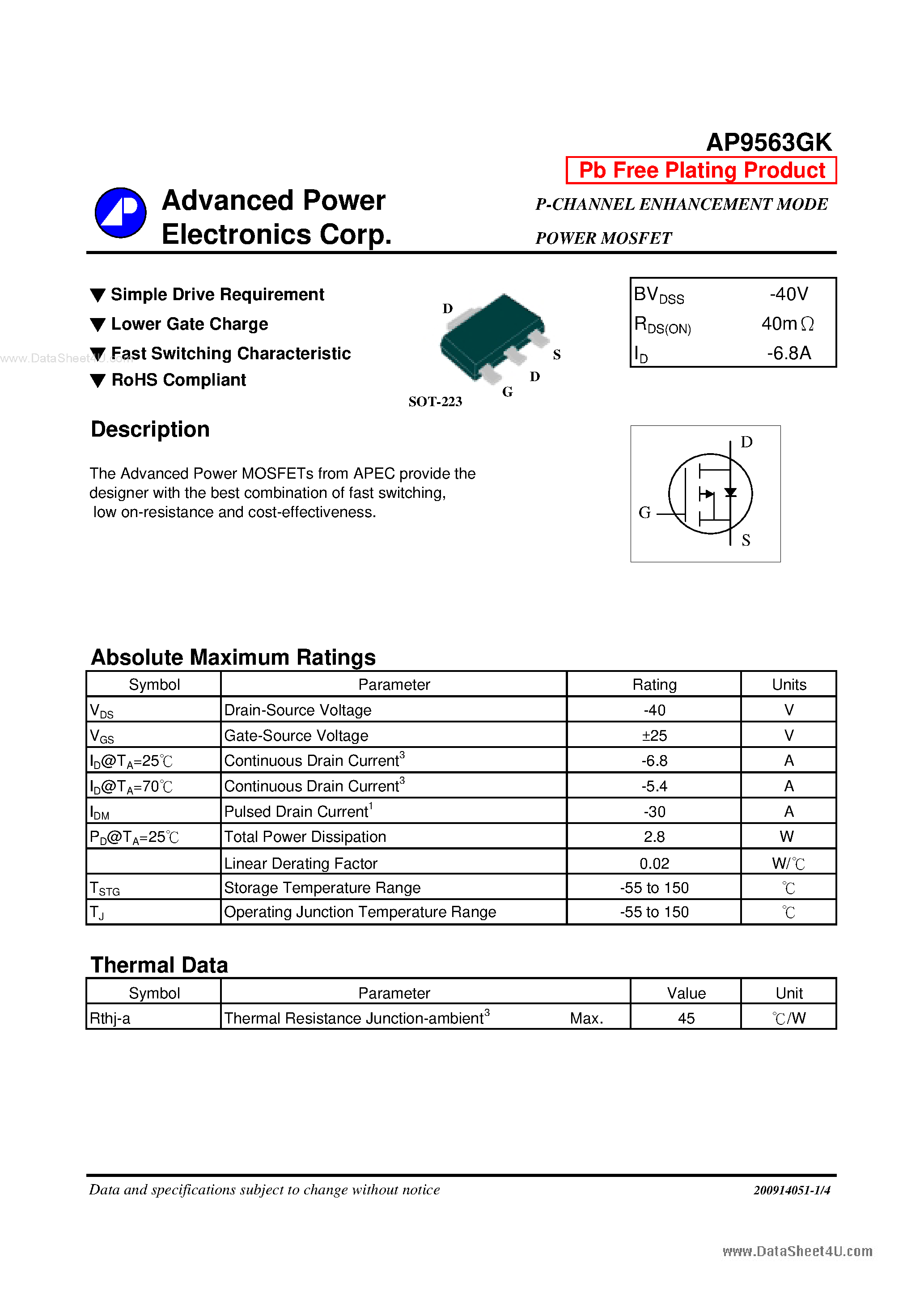 Даташит AP9563GK - P-CHANNEL ENHANCEMENT MODE POWER MOSFET страница 1