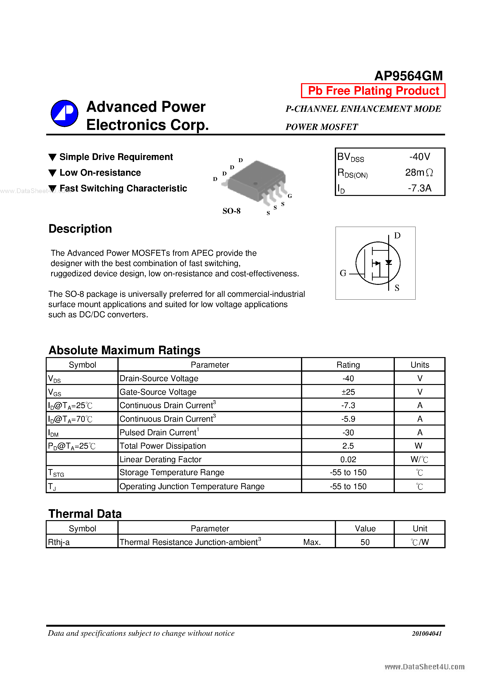 Даташит AP9564GM - P-CHANNEL ENHANCEMENT MODE POWER MOSFET страница 1