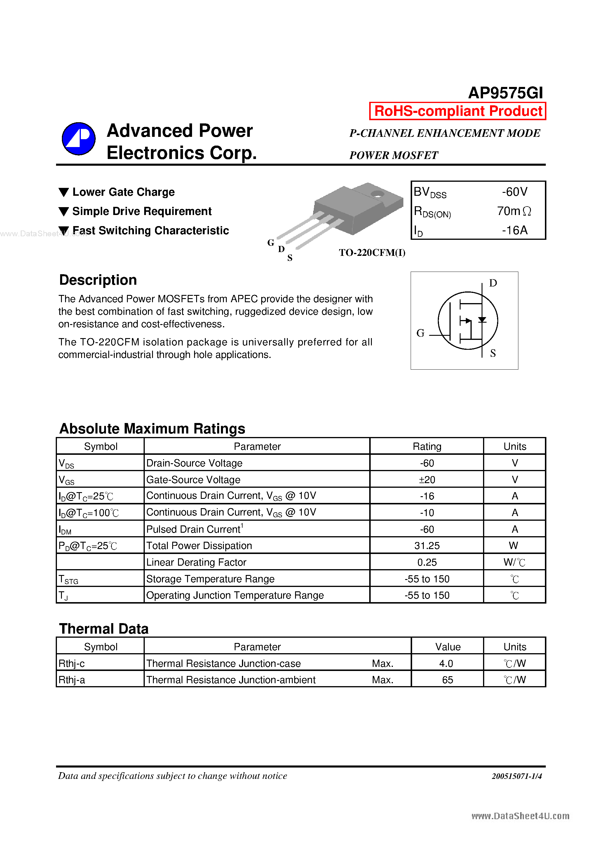Даташит AP9575GI - P-CHANNEL ENHANCEMENT MODE POWER MOSFET страница 1