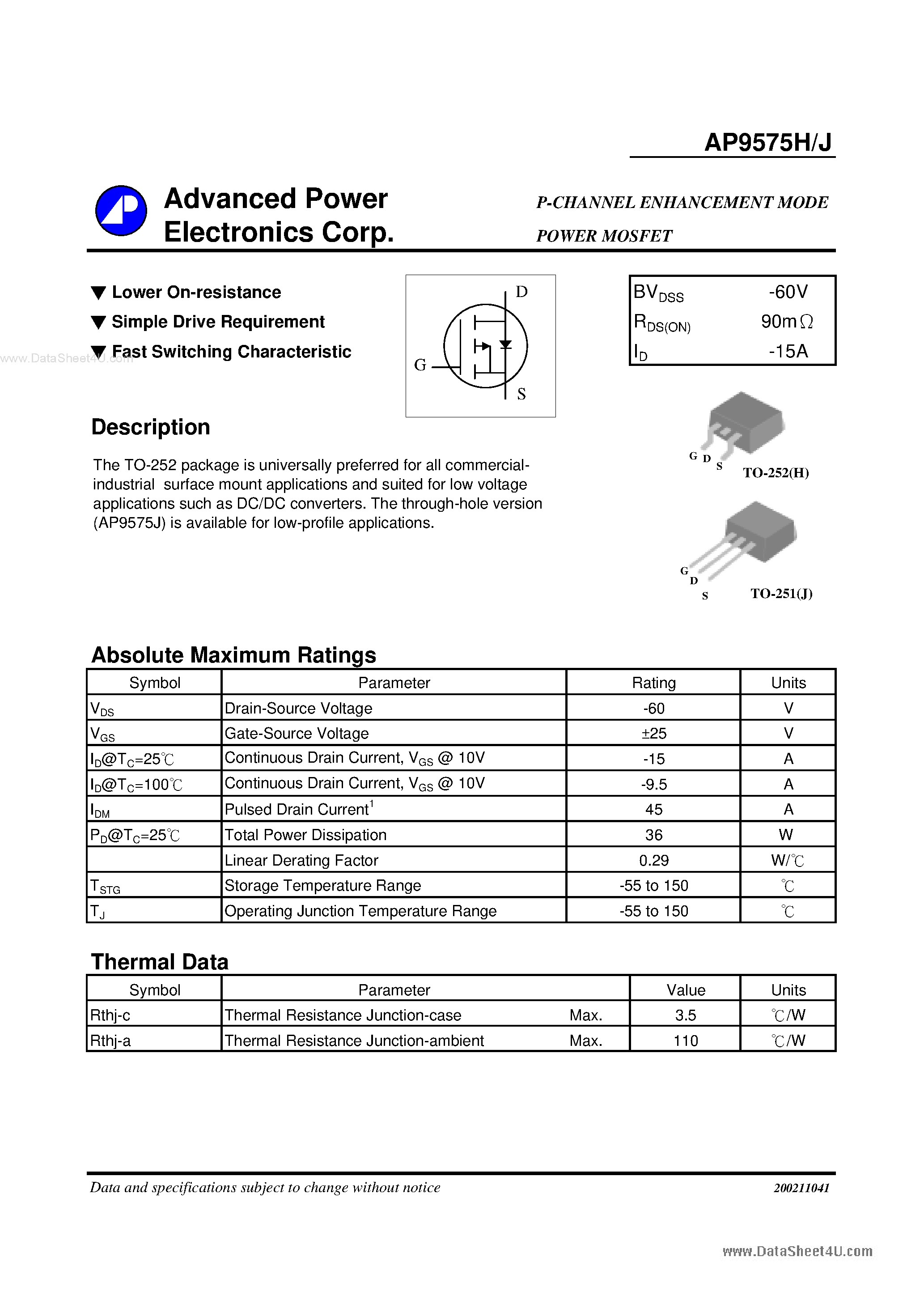 Даташит AP9575H - P-CHANNEL ENHANCEMENT MODE POWER MOSFET страница 1