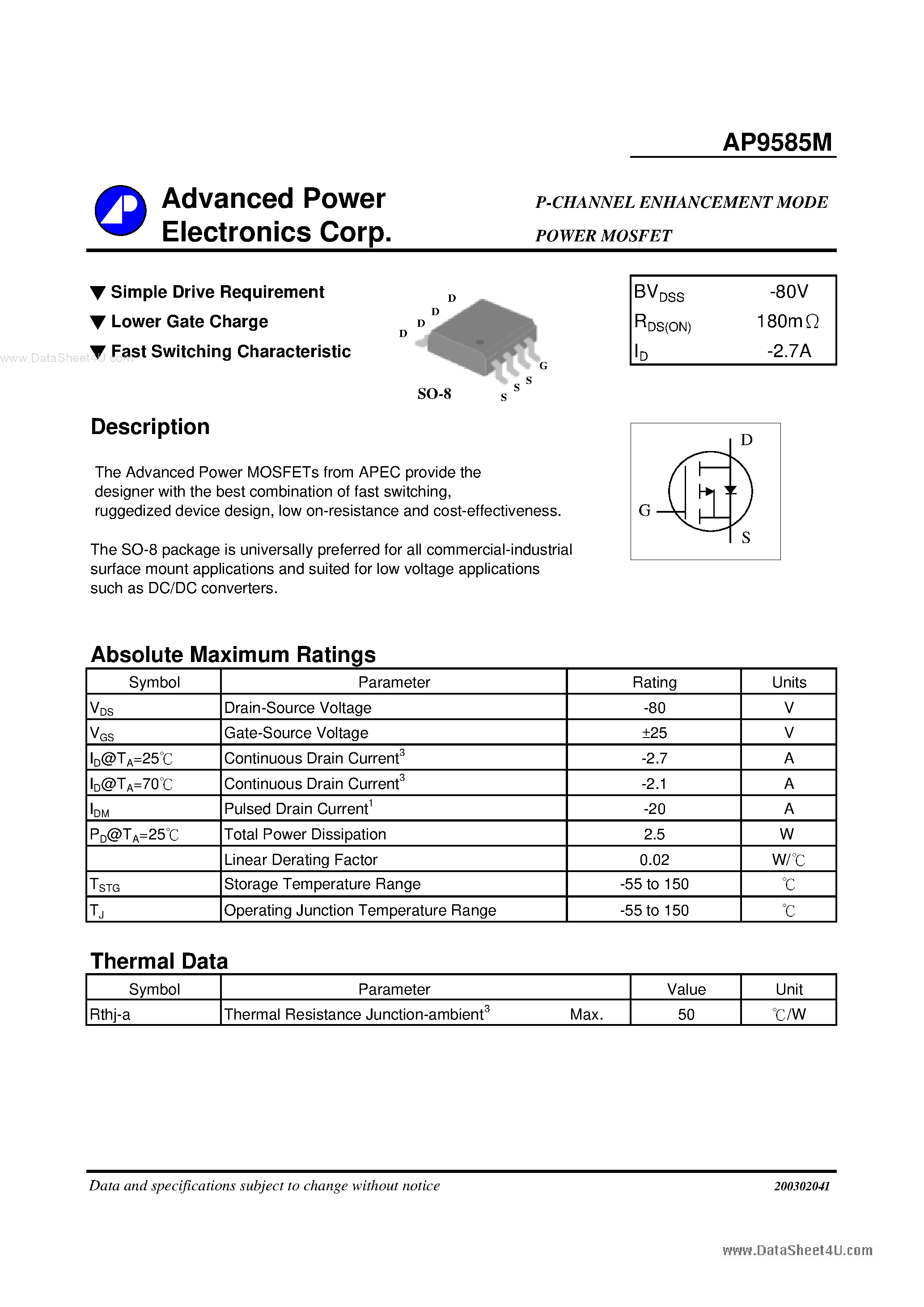 Даташит AP9585M - P-CHANNEL ENHANCEMENT MODE POWER MOSFET страница 1