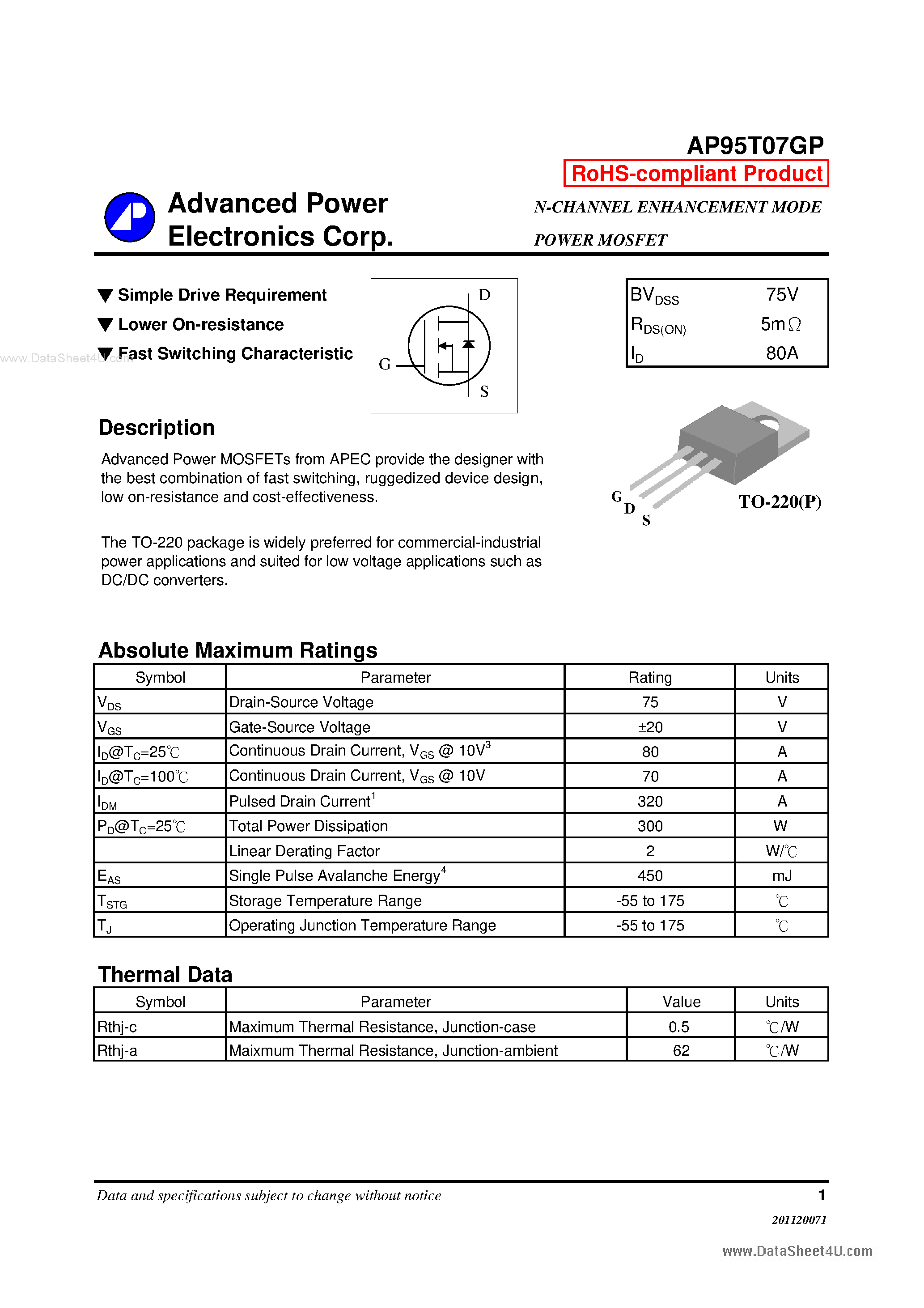 Datasheet AP95T07GP - N-CHANNEL ENHANCEMENT MODE POWER MOSFET page 1