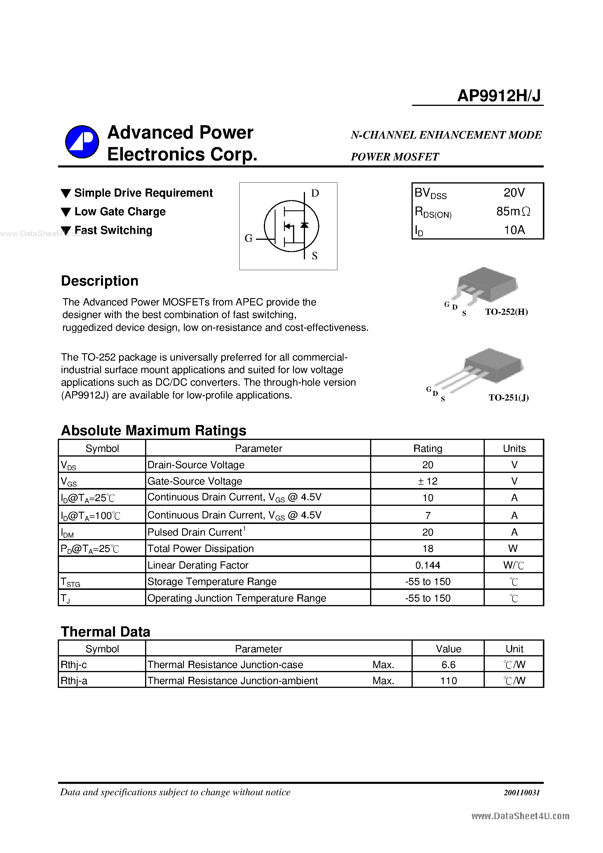 Datasheet AP9912H - N-CHANNEL ENHANCEMENT MODE POWER MOSFET page 1