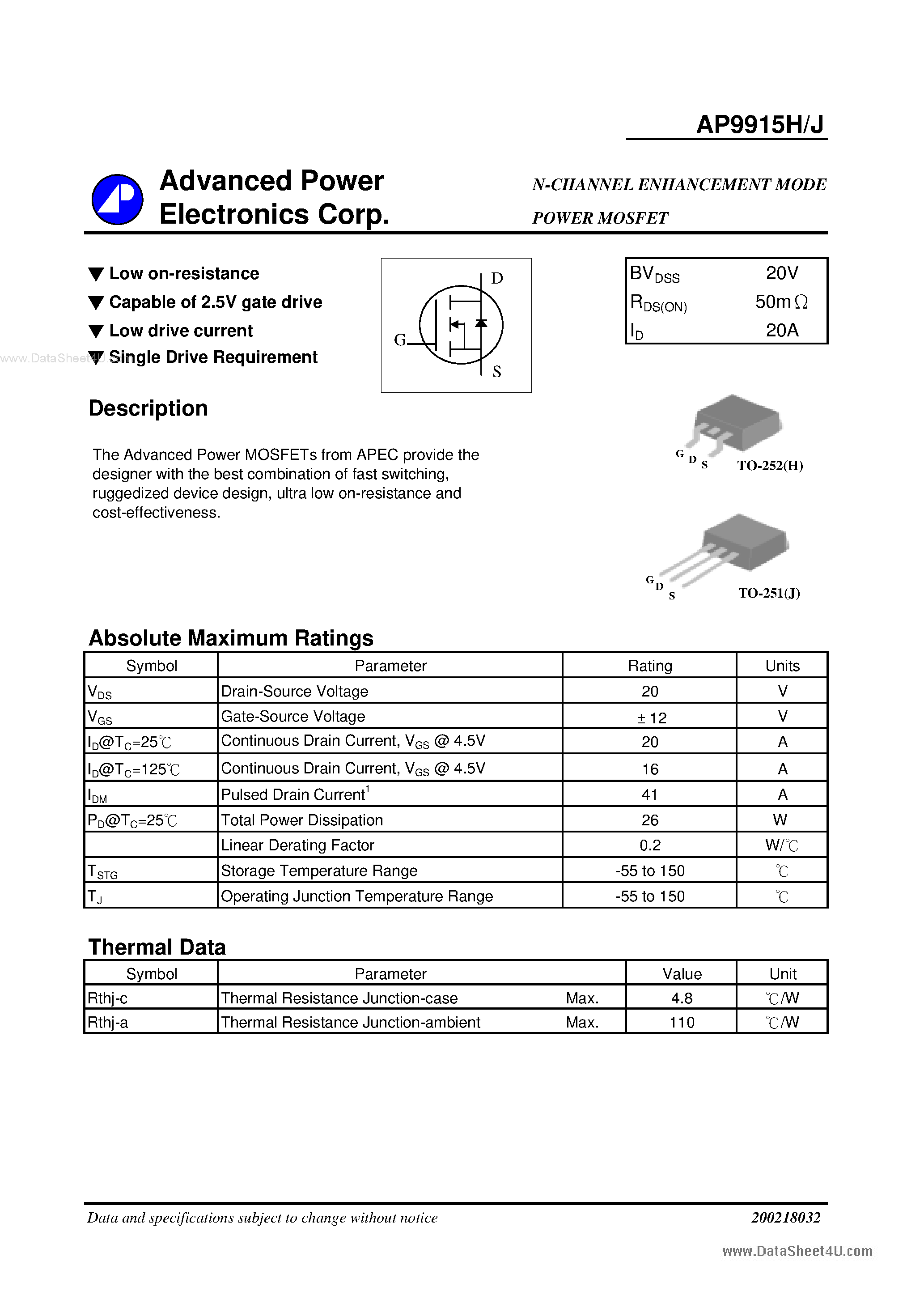 Datasheet AP9915H - N-CHANNEL ENHANCEMENT MODE POWER MOSFET page 1