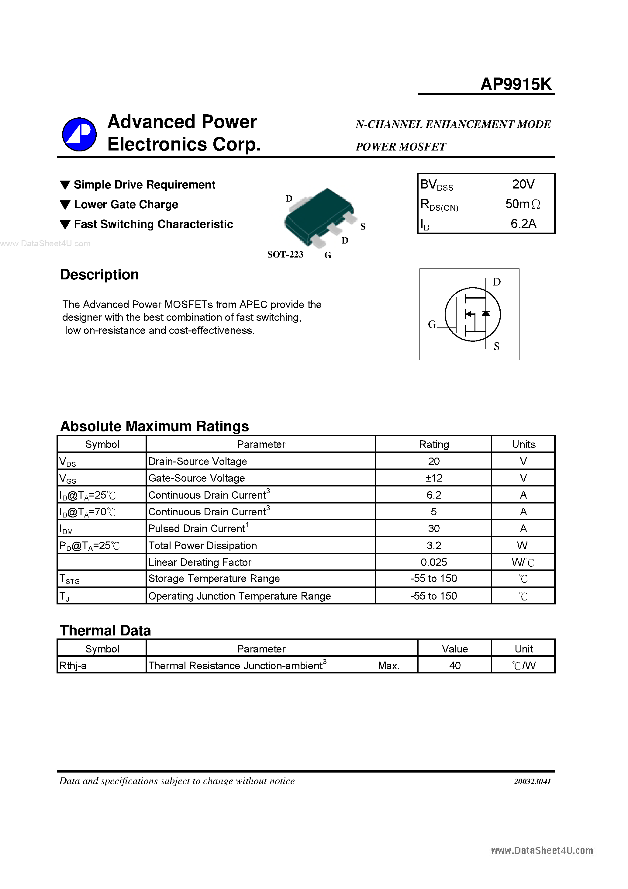 Datasheet AP9915K - N-CHANNEL ENHANCEMENT MODE POWER MOSFET page 1