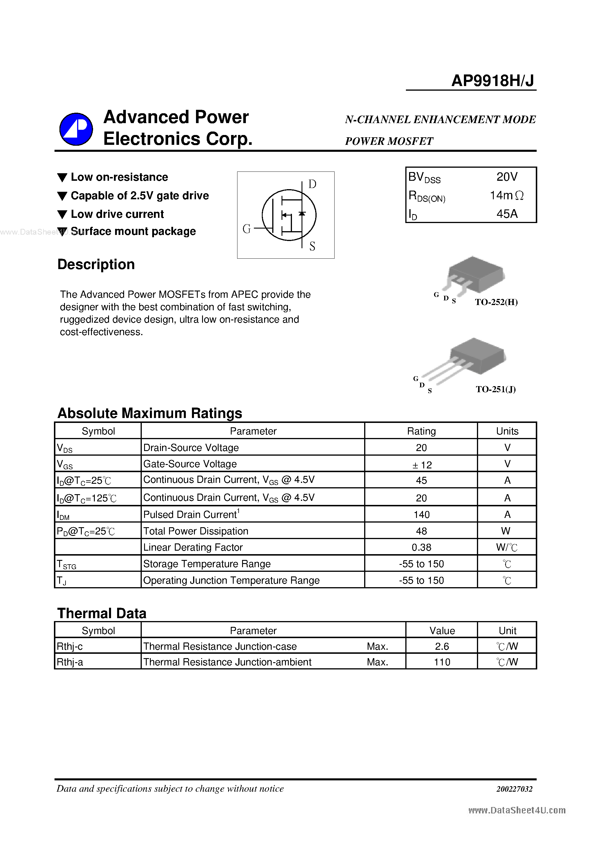 Datasheet AP9918H - N-CHANNEL ENHANCEMENT MODE POWER MOSFET page 1