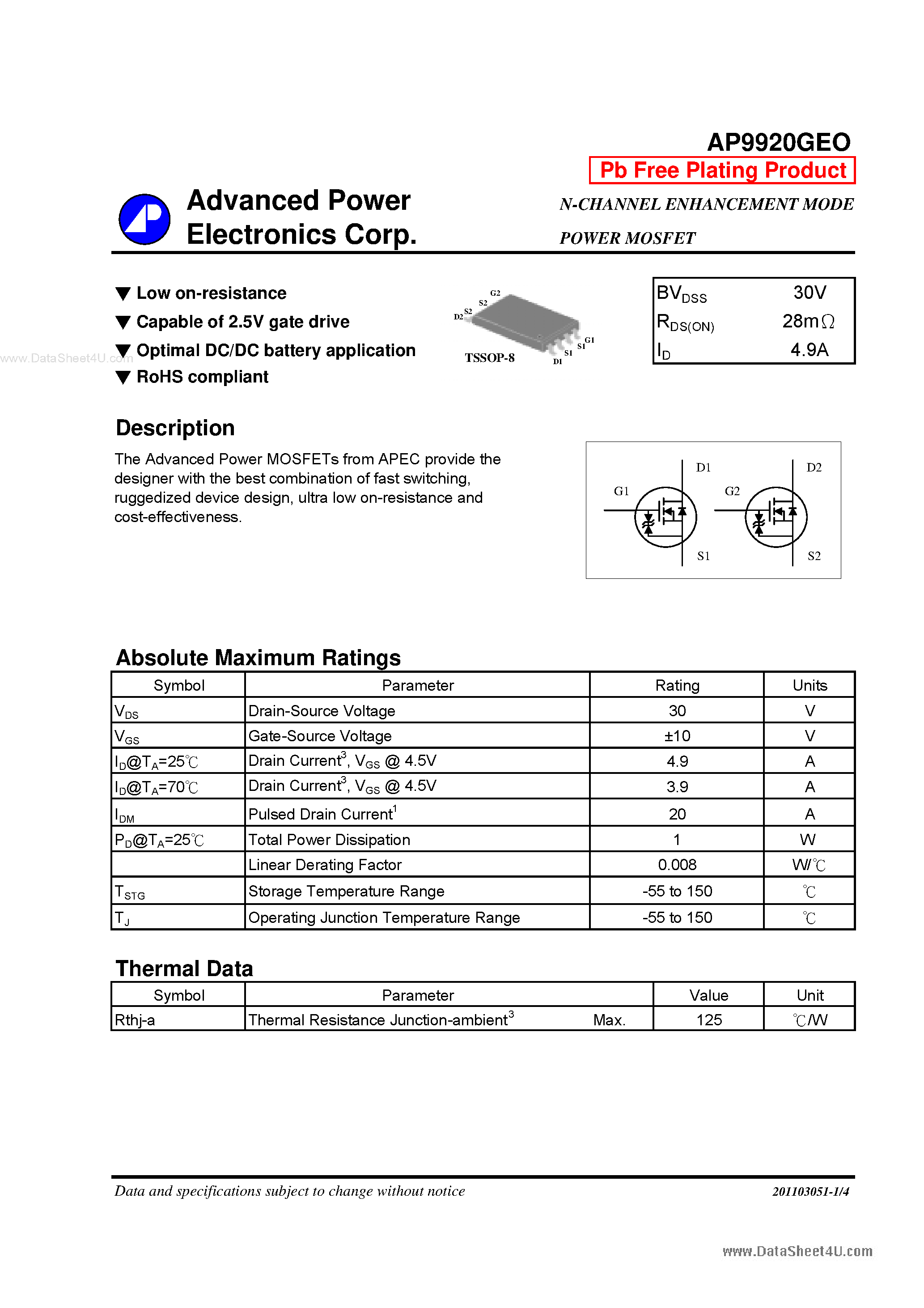 Datasheet AP9920GEO - N-CHANNEL ENHANCEMENT MODE POWER MOSFET page 1