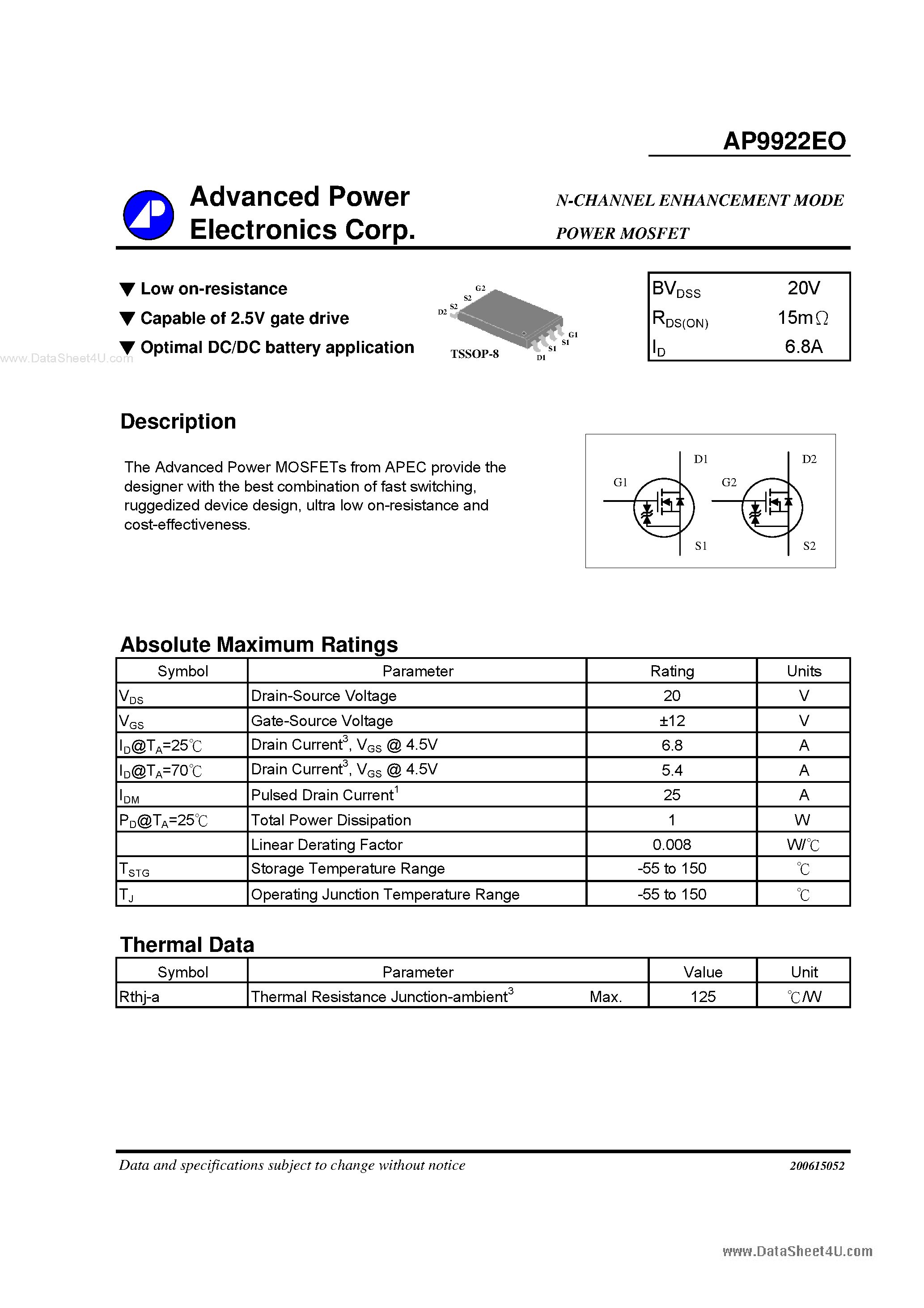 Datasheet AP9922EO - N-CHANNEL ENHANCEMENT MODE POWER MOSFET page 1