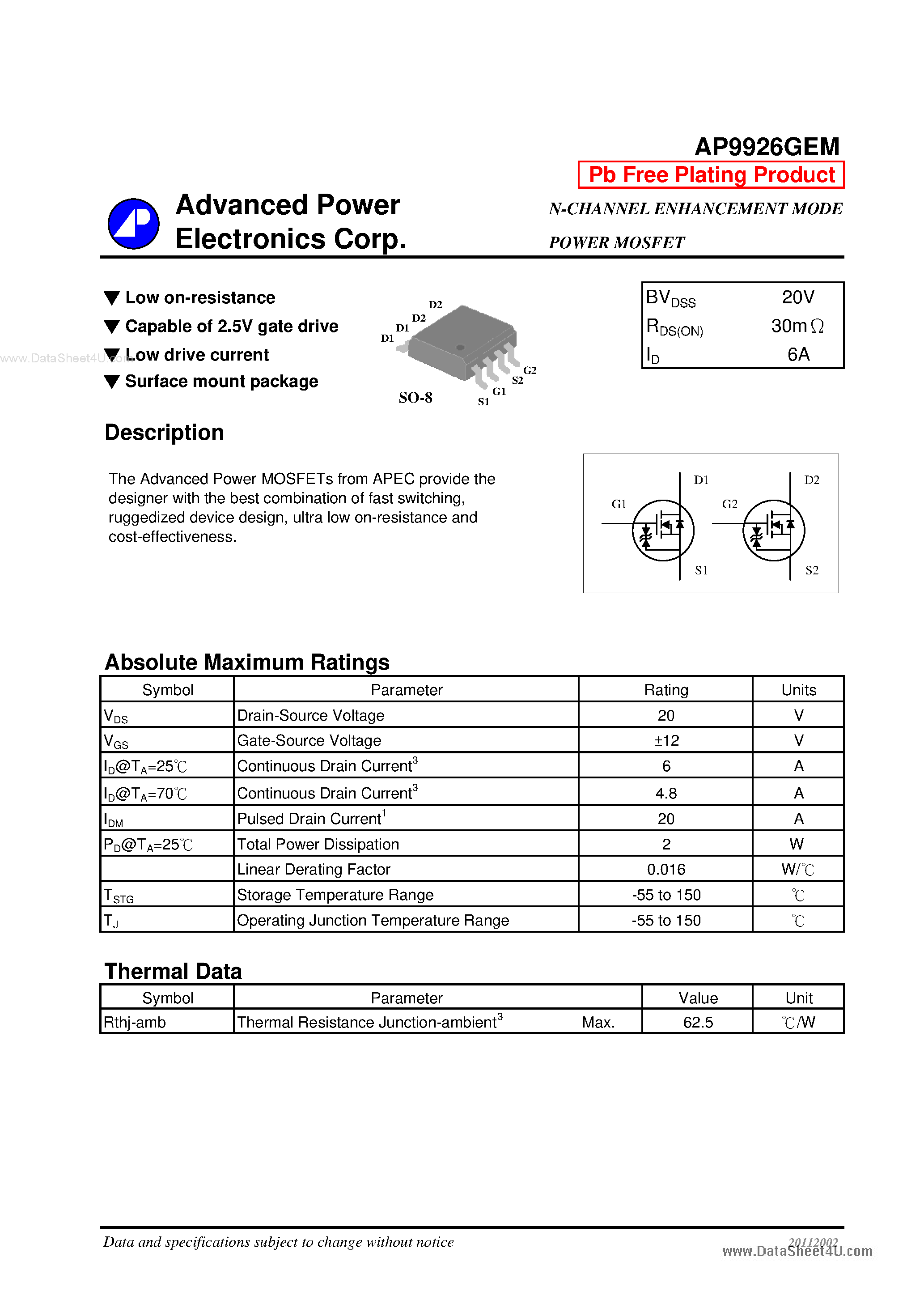 Datasheet AP9926GEM - N-CHANNEL ENHANCEMENT MODE POWER MOSFET page 1
