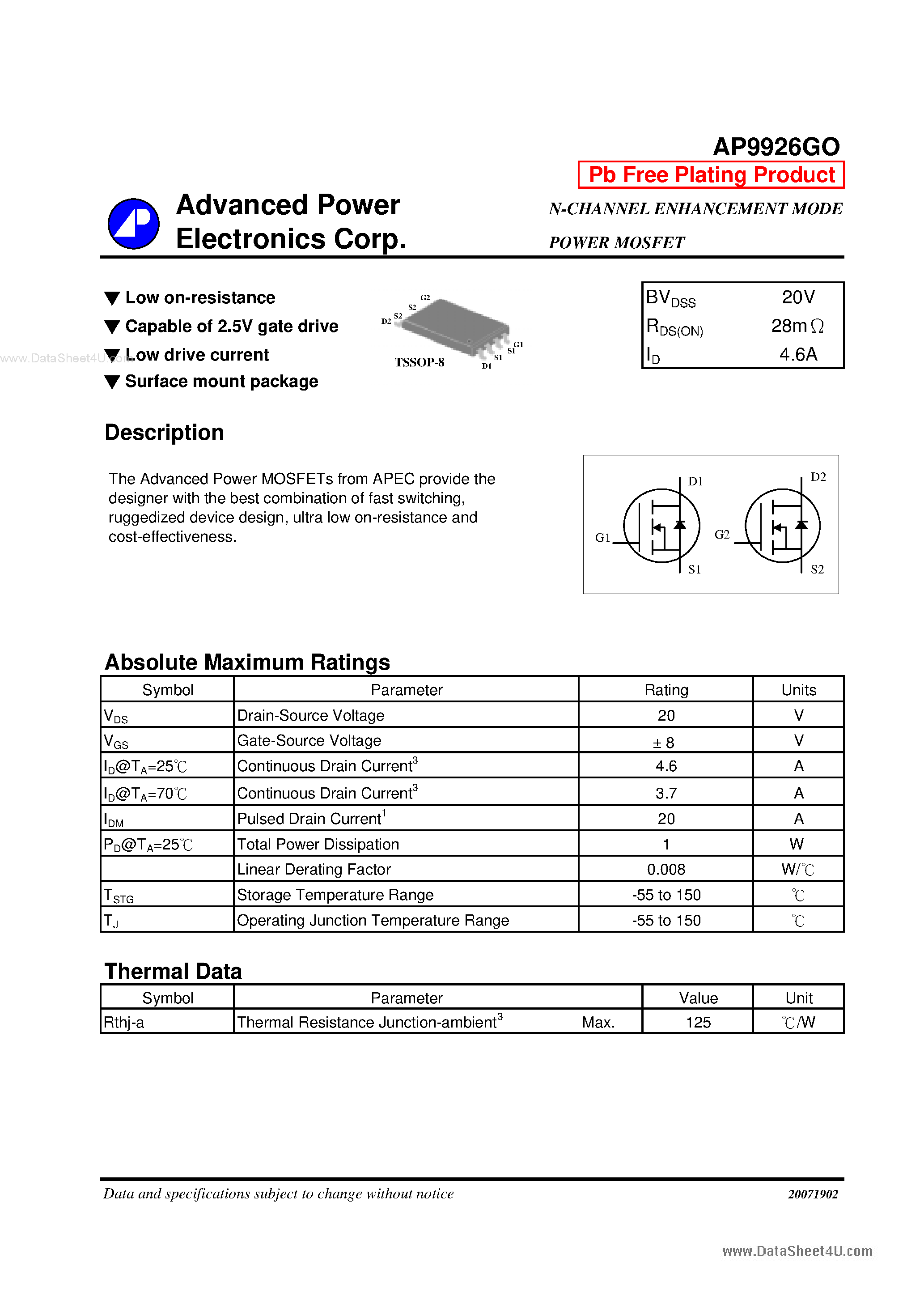 Datasheet AP9926GO - N-CHANNEL ENHANCEMENT MODE POWER MOSFET page 1
