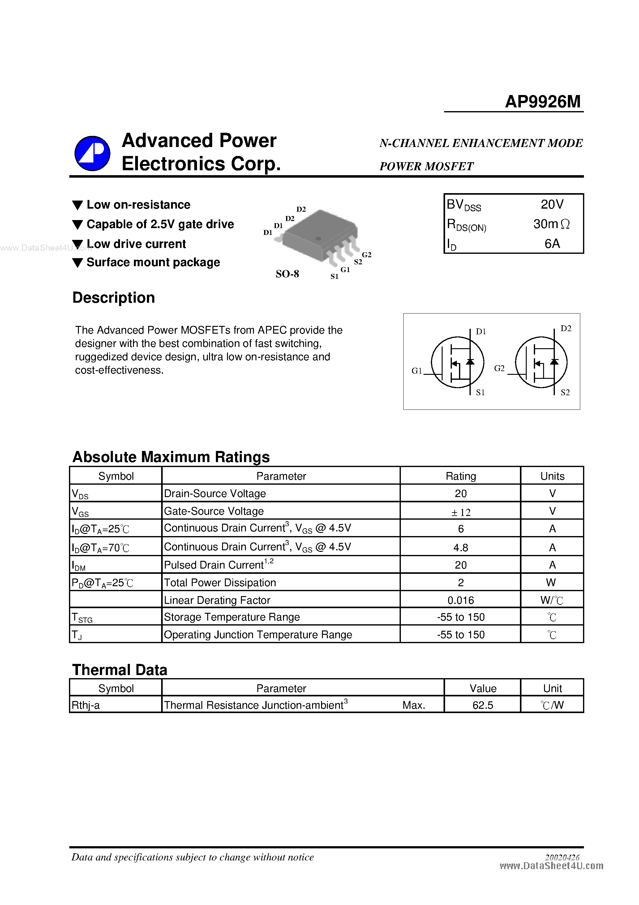 Datasheet AP9926M - N-CHANNEL ENHANCEMENT MODE POWER MOSFET page 1