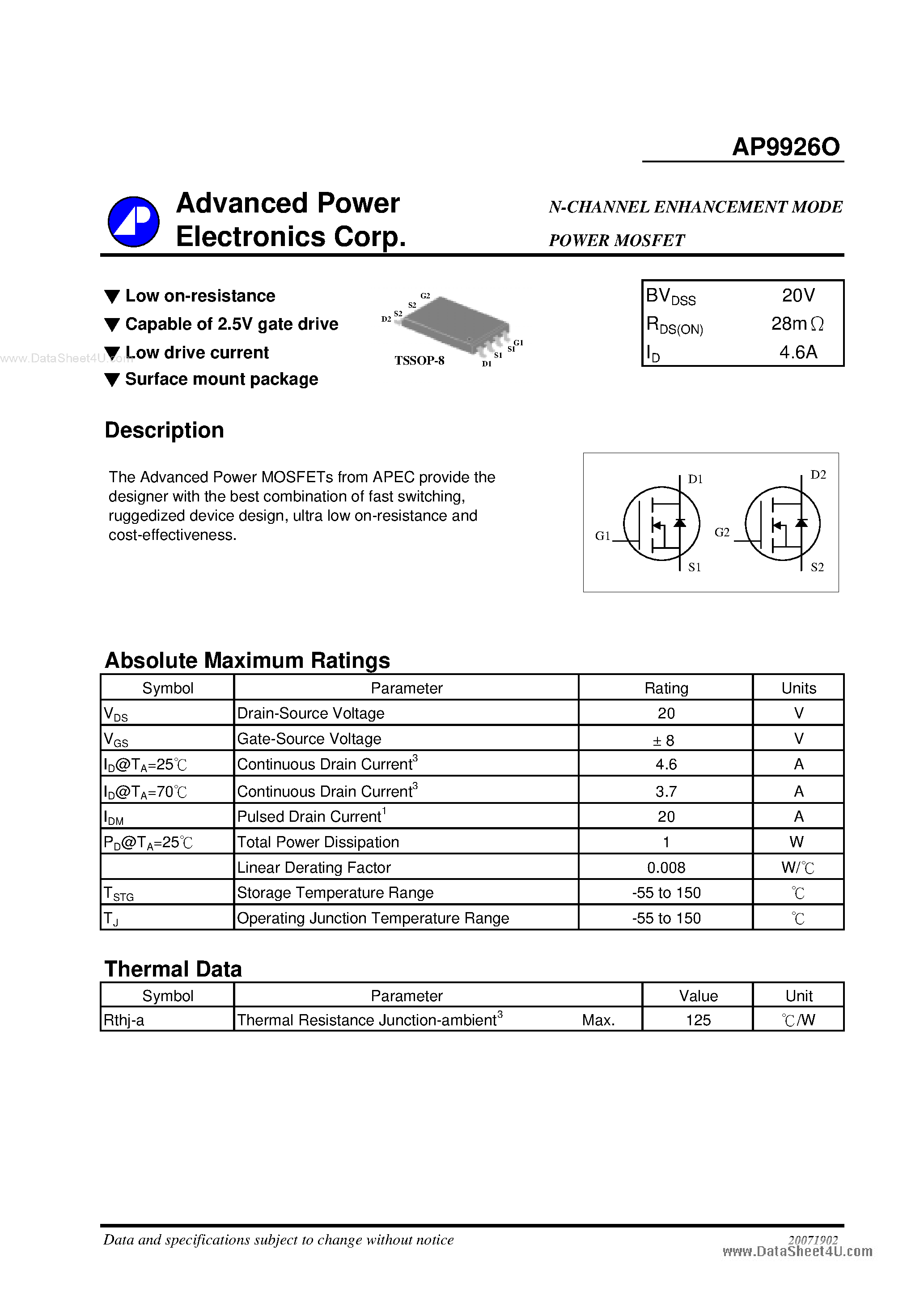 Datasheet AP9926O - N-CHANNEL ENHANCEMENT MODE POWER MOSFET page 1