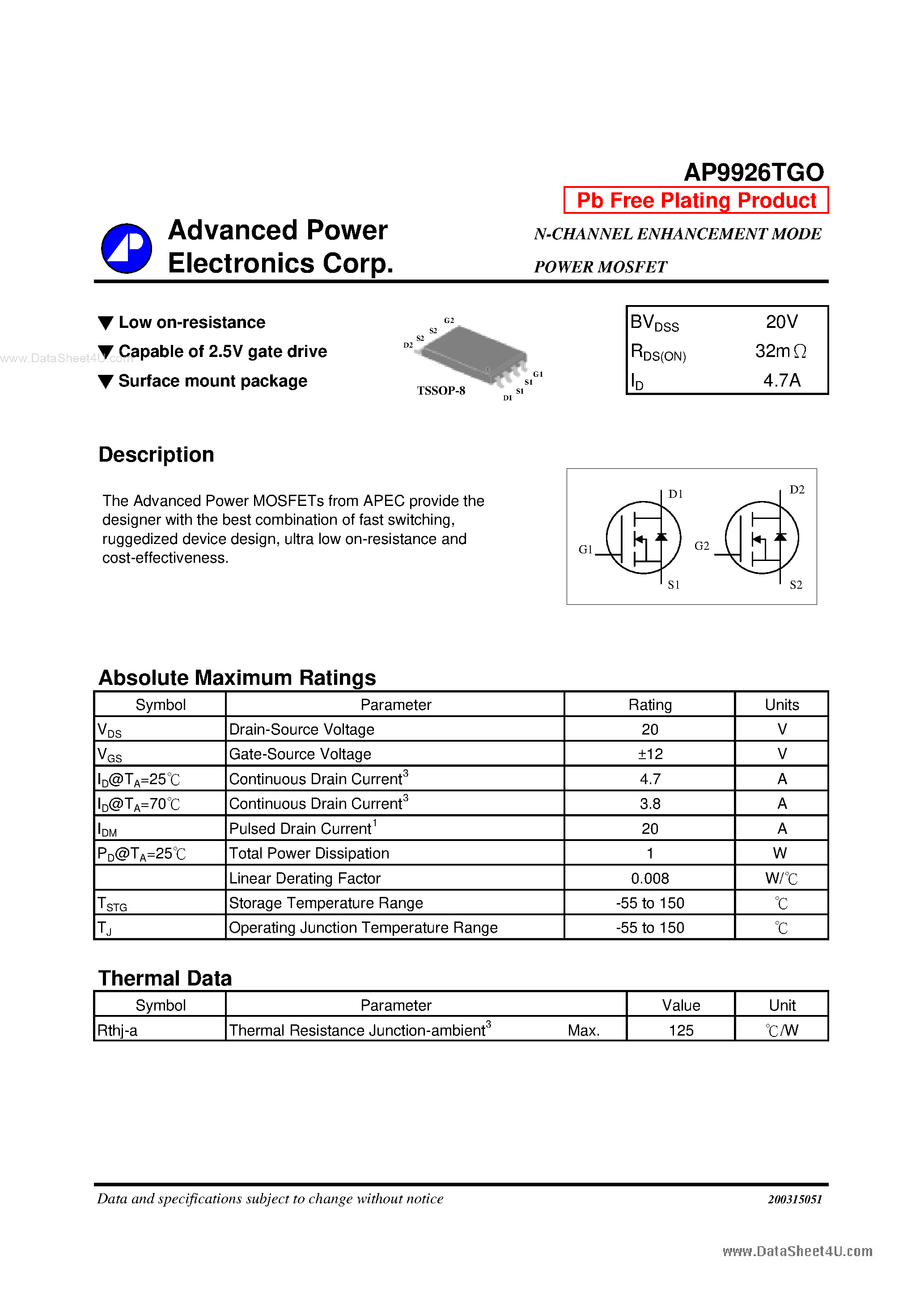 Datasheet AP9926TGO - N-CHANNEL ENHANCEMENT MODE POWER MOSFET page 1