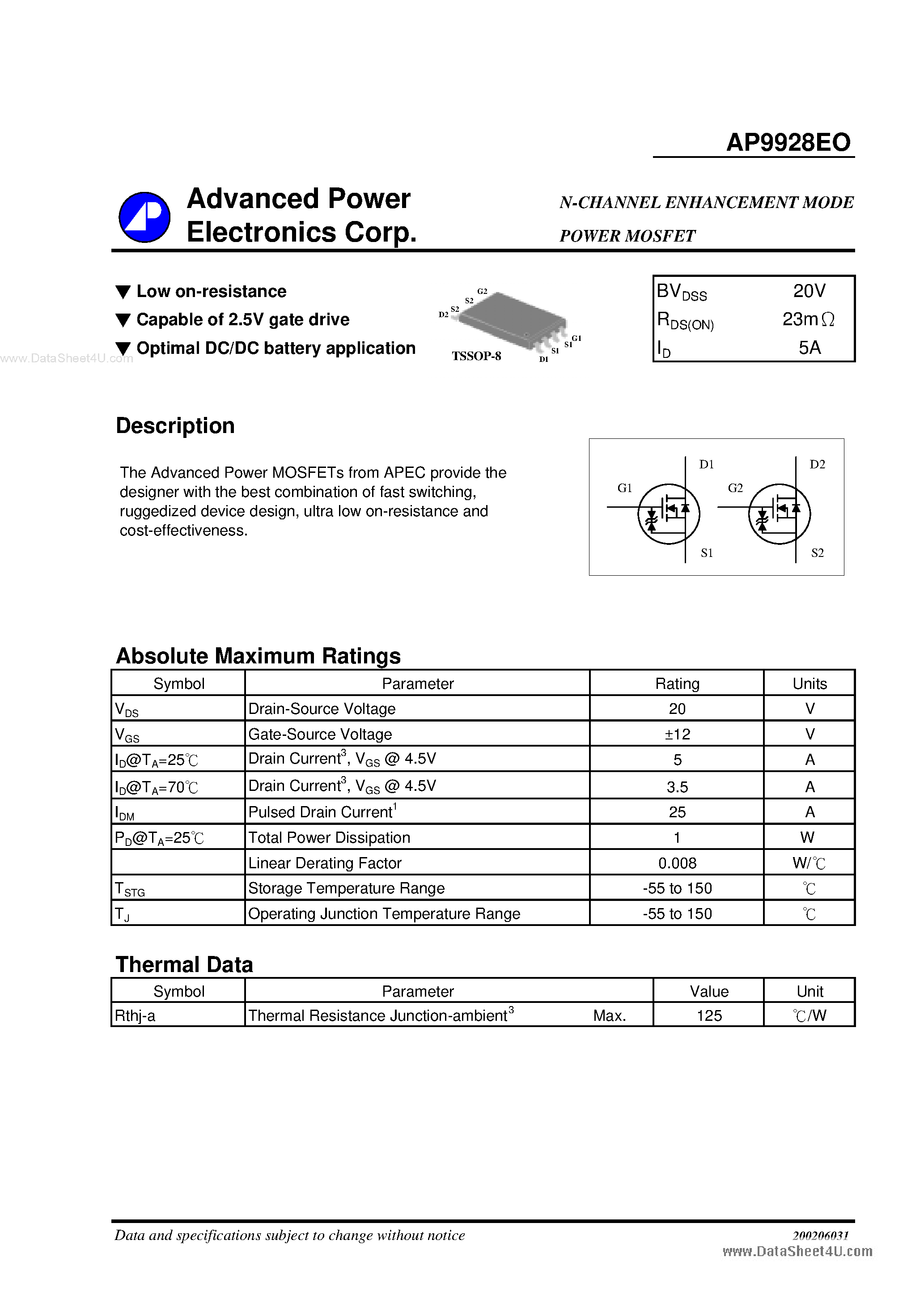 Datasheet AP9928EO - N-CHANNEL ENHANCEMENT MODE POWER MOSFET page 1