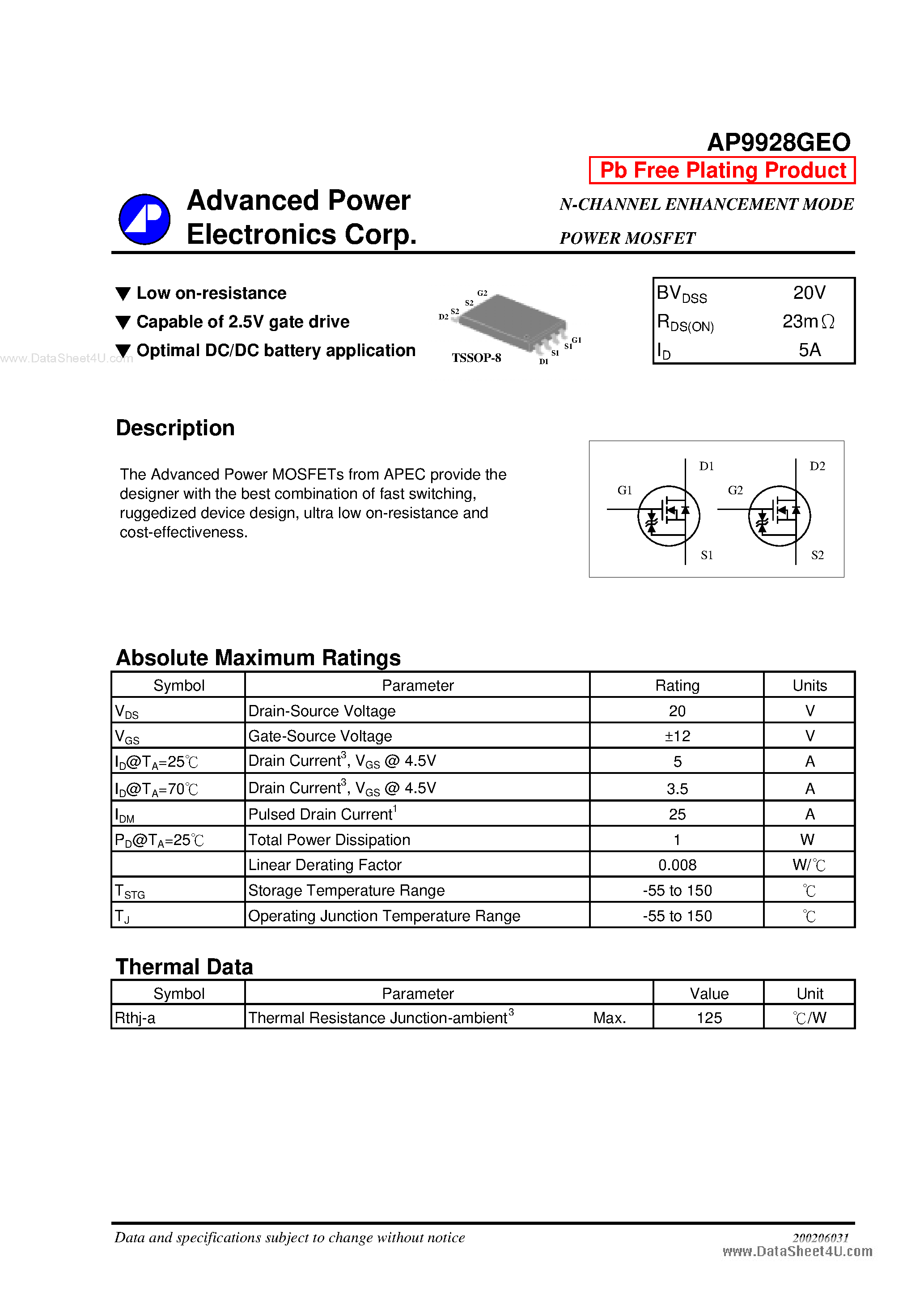 Datasheet AP9928GEO - N-CHANNEL ENHANCEMENT MODE POWER MOSFET page 1