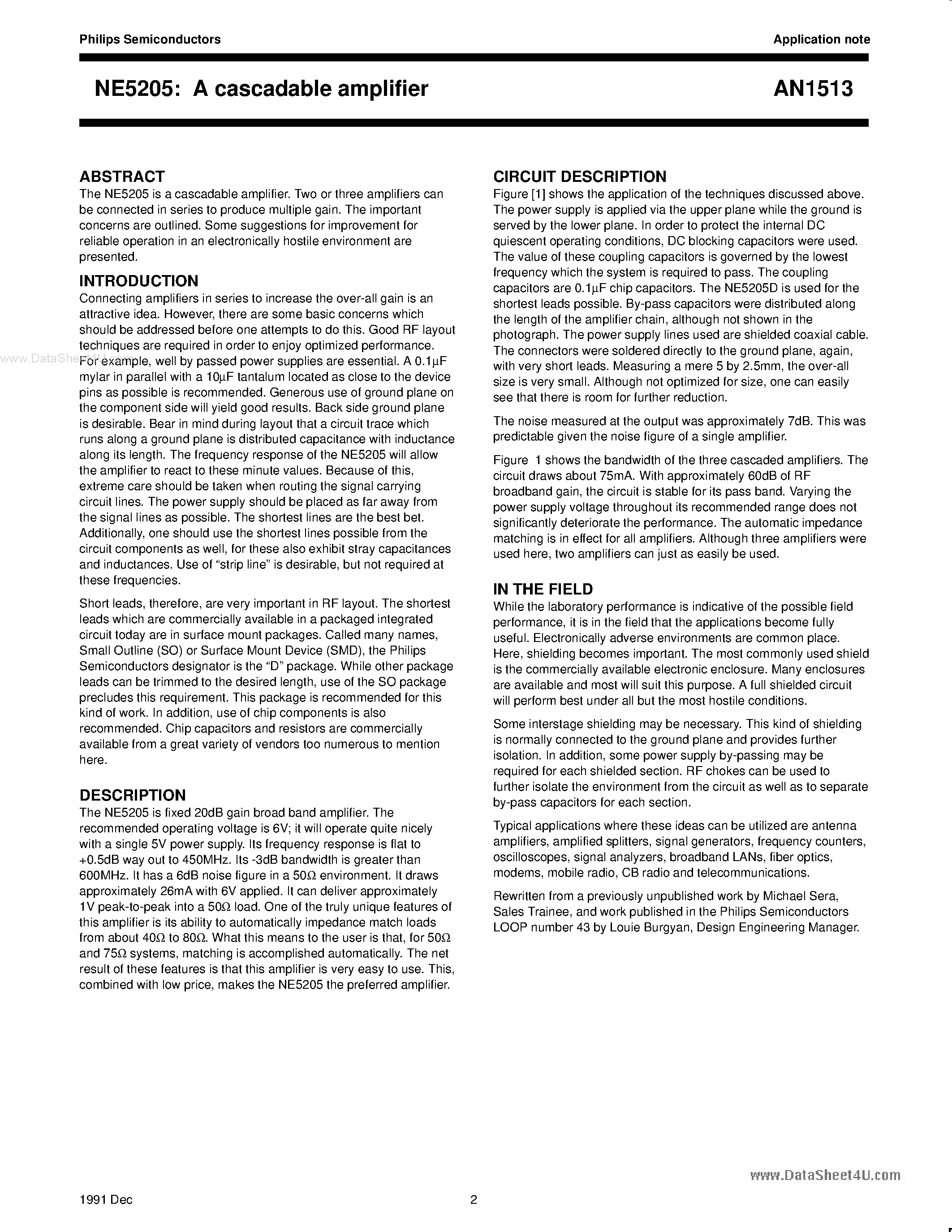 Datasheet AN1513 - NE5205 A Cascadable Amplifier page 2