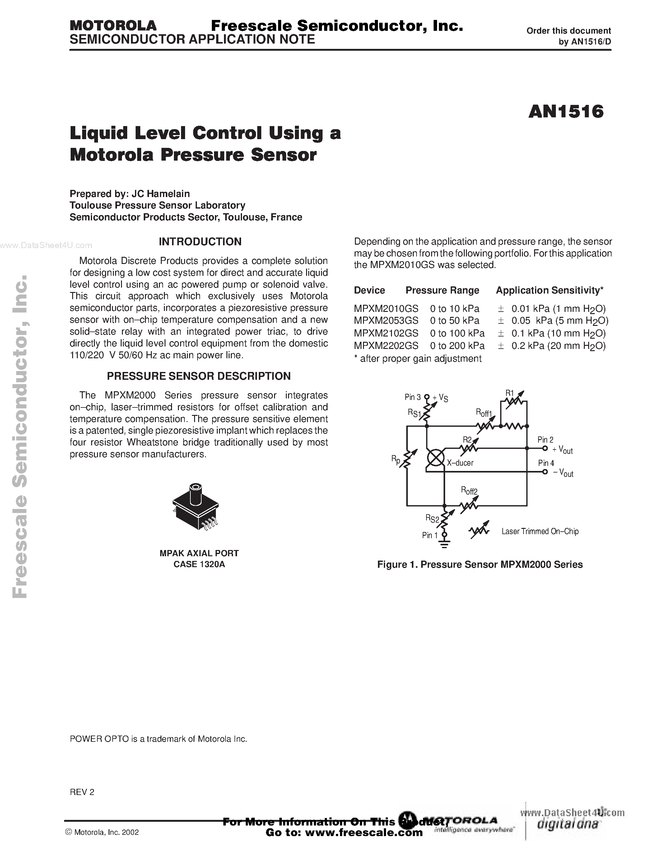 Datasheet AN1516 - Liquid Level Control Using a Pressure Sensor page 1