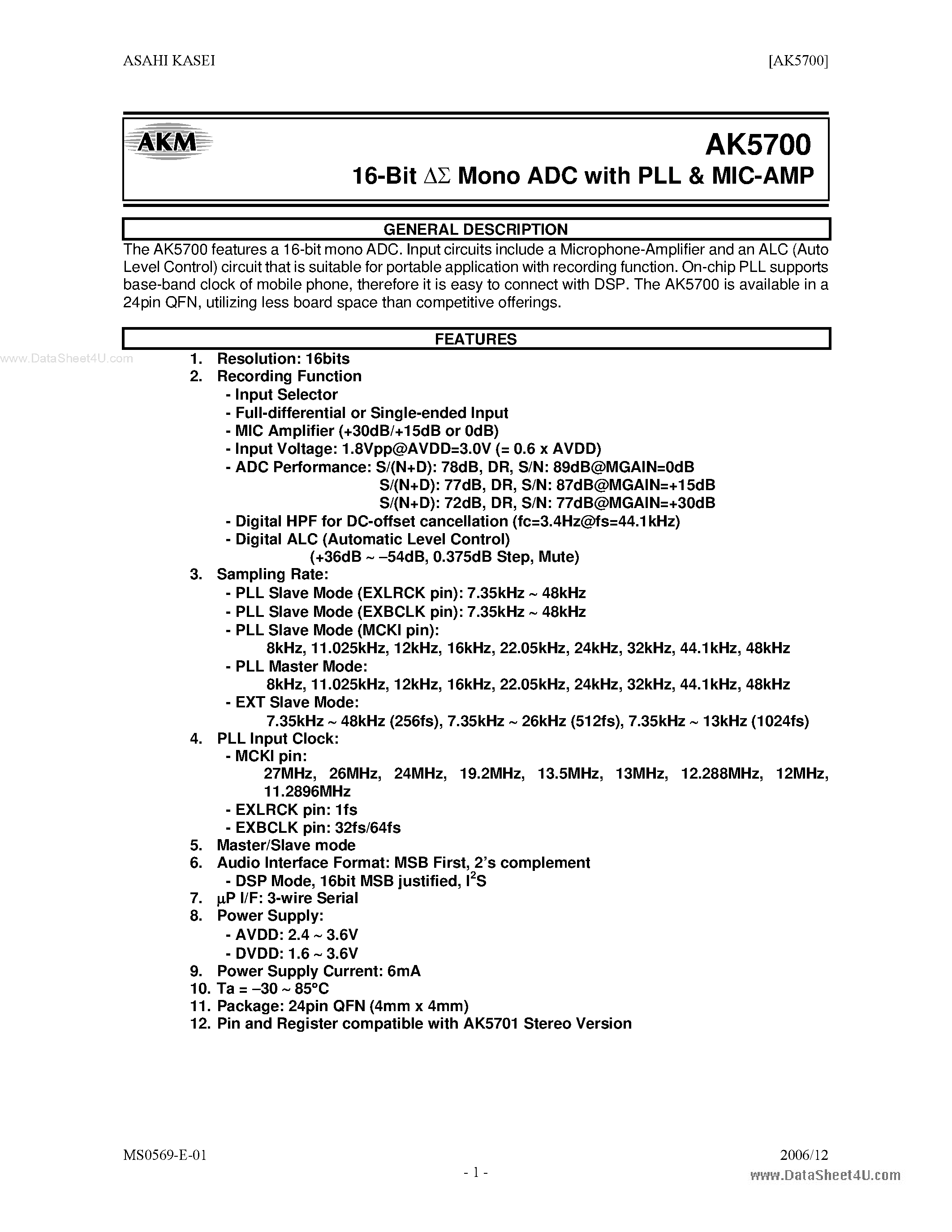 Datasheet AKD5700 - 16-Bit Mono ADC page 1
