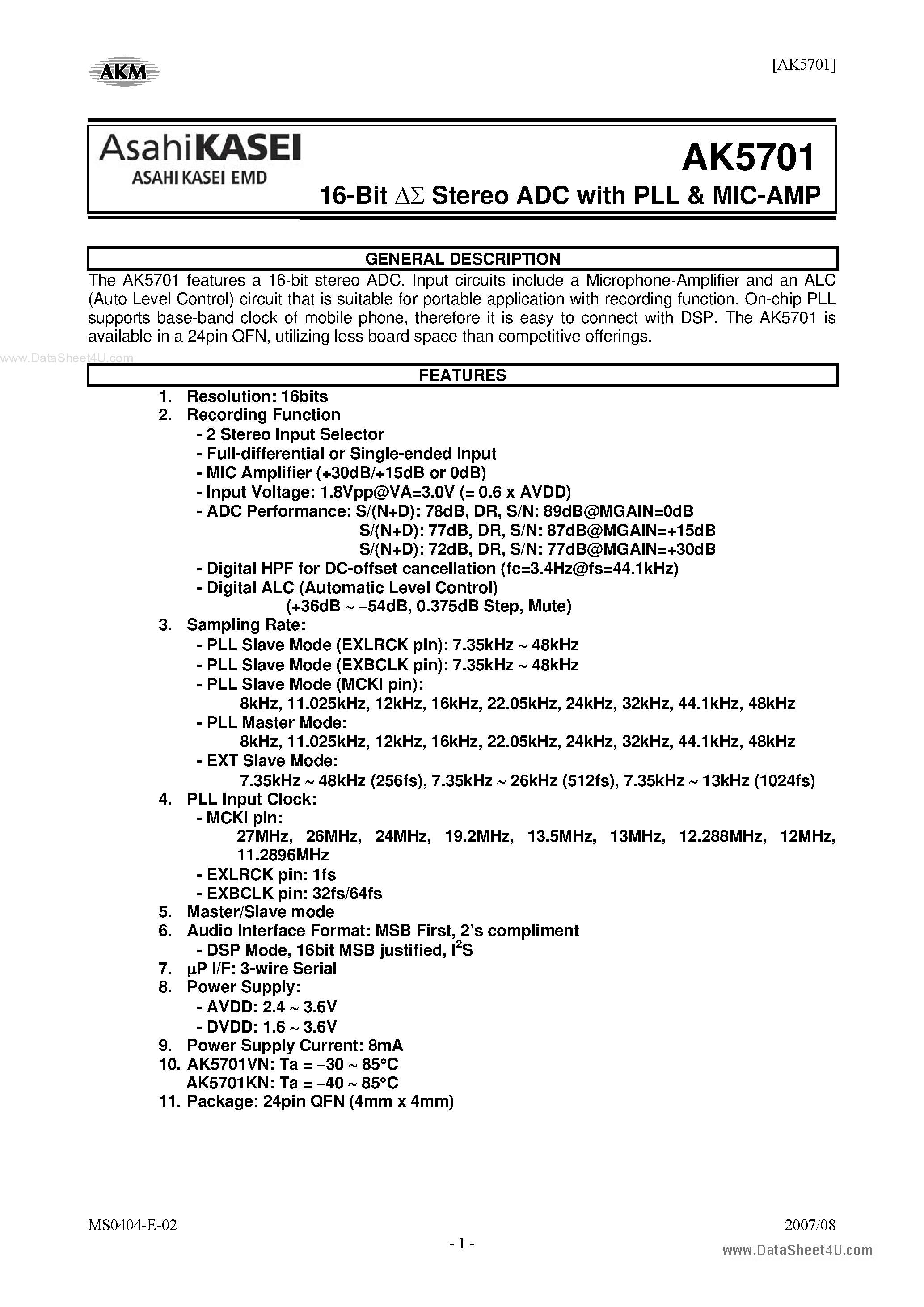 Даташит AKD5701 - 16-Bit Stereo ADC страница 1