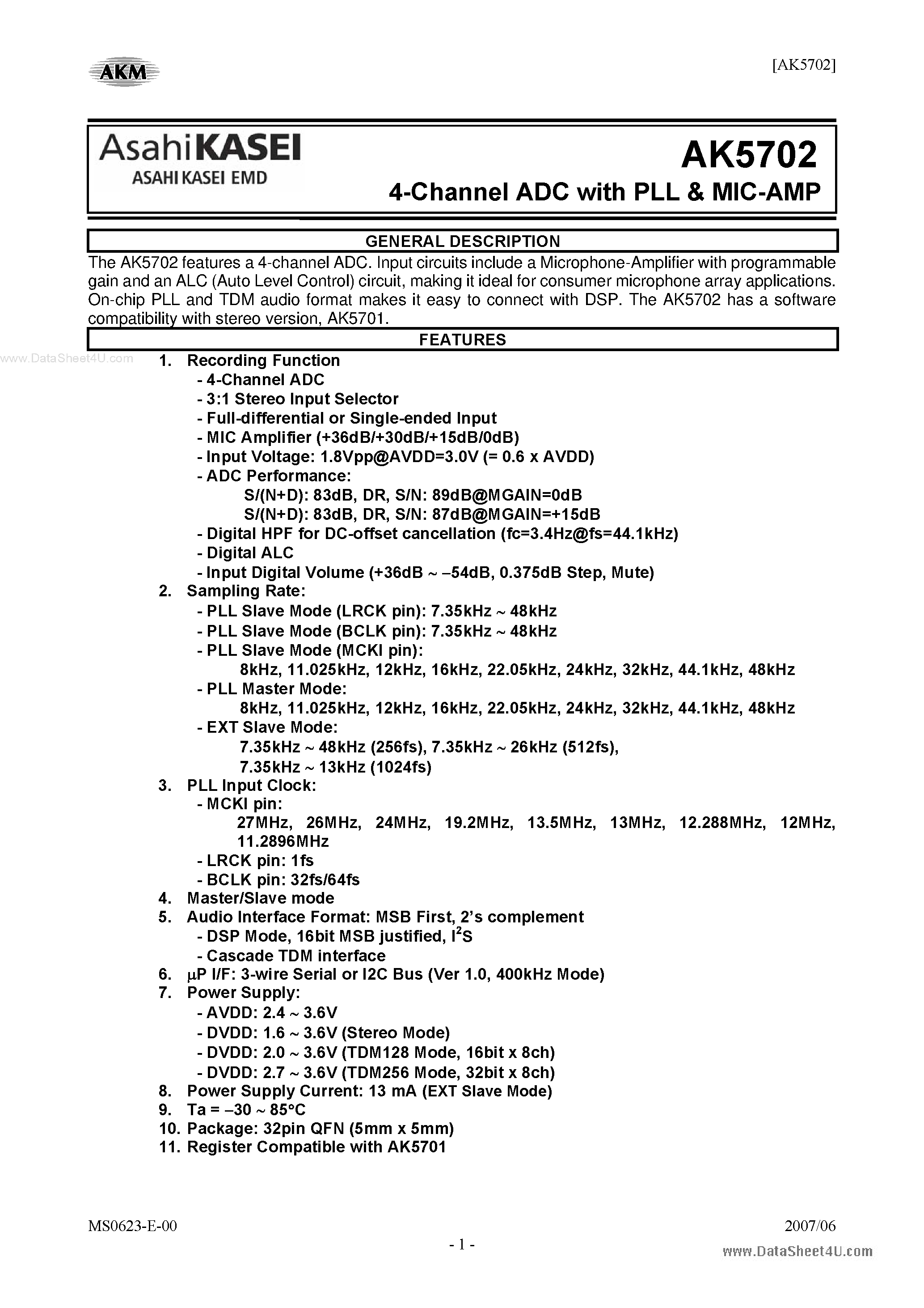 Datasheet AKD5702 - 4-Channel ADC page 1