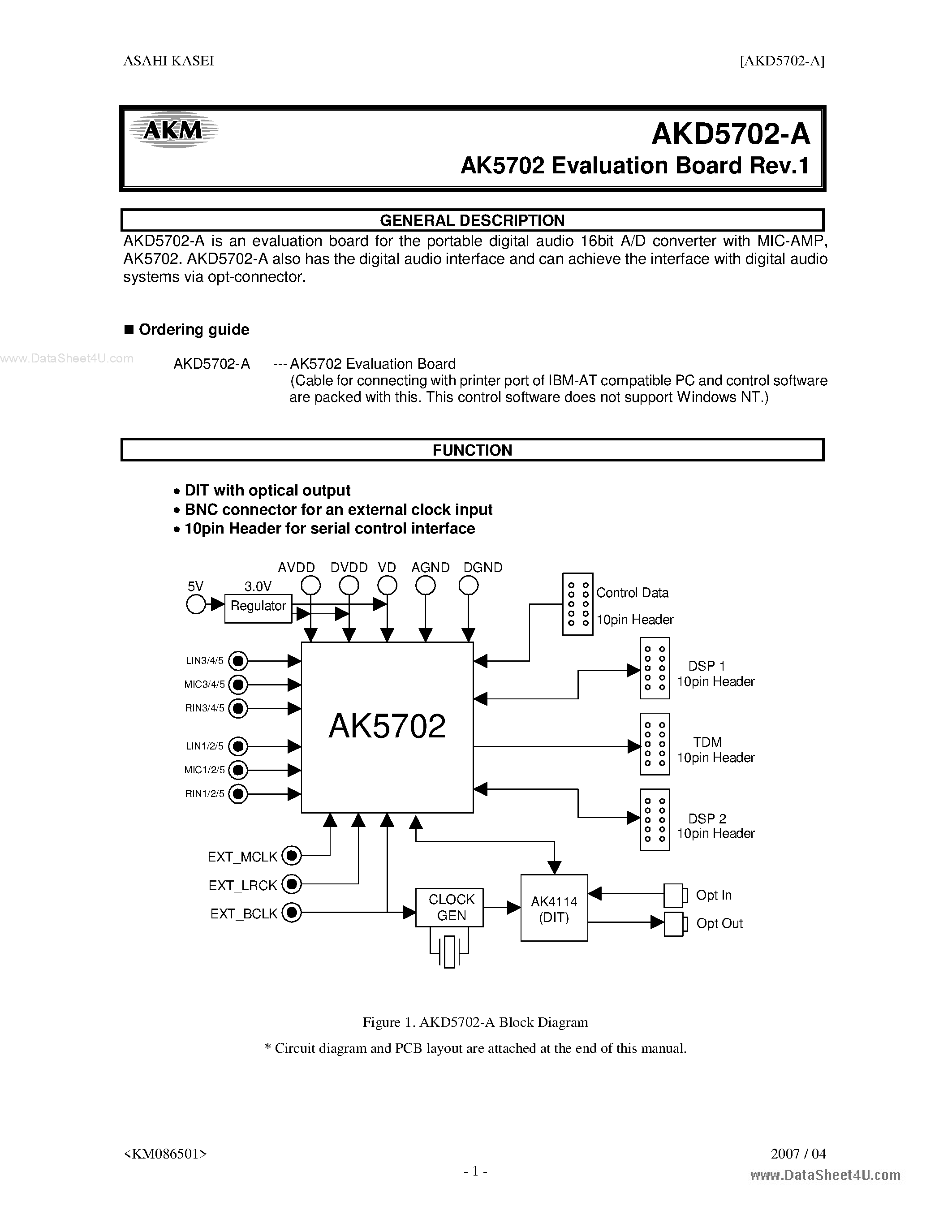 Datasheet AKD5702-A - portable digital audio 16bit A/D converter page 1