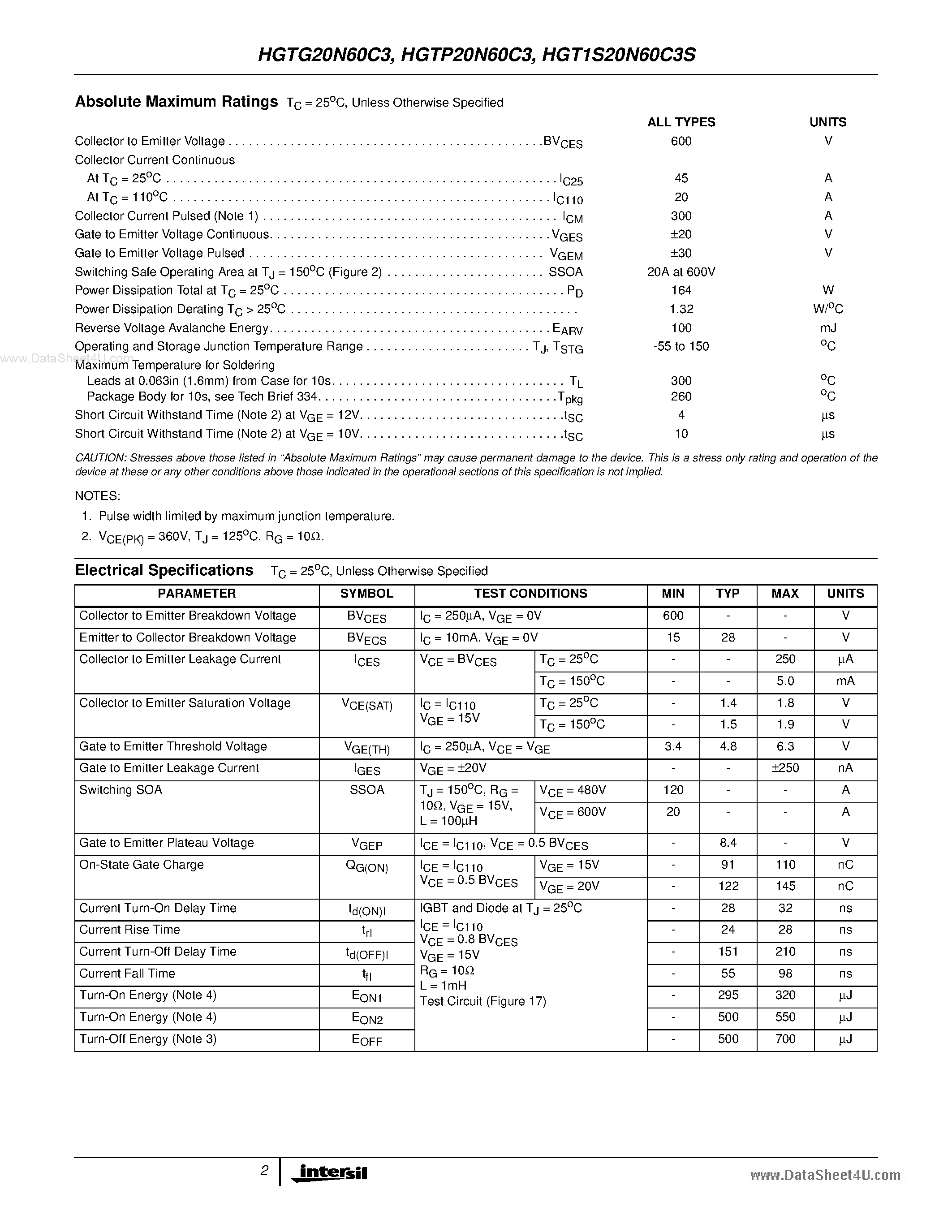 Даташит 20N60C3 - Search -----> HGTG20N60C3 страница 2