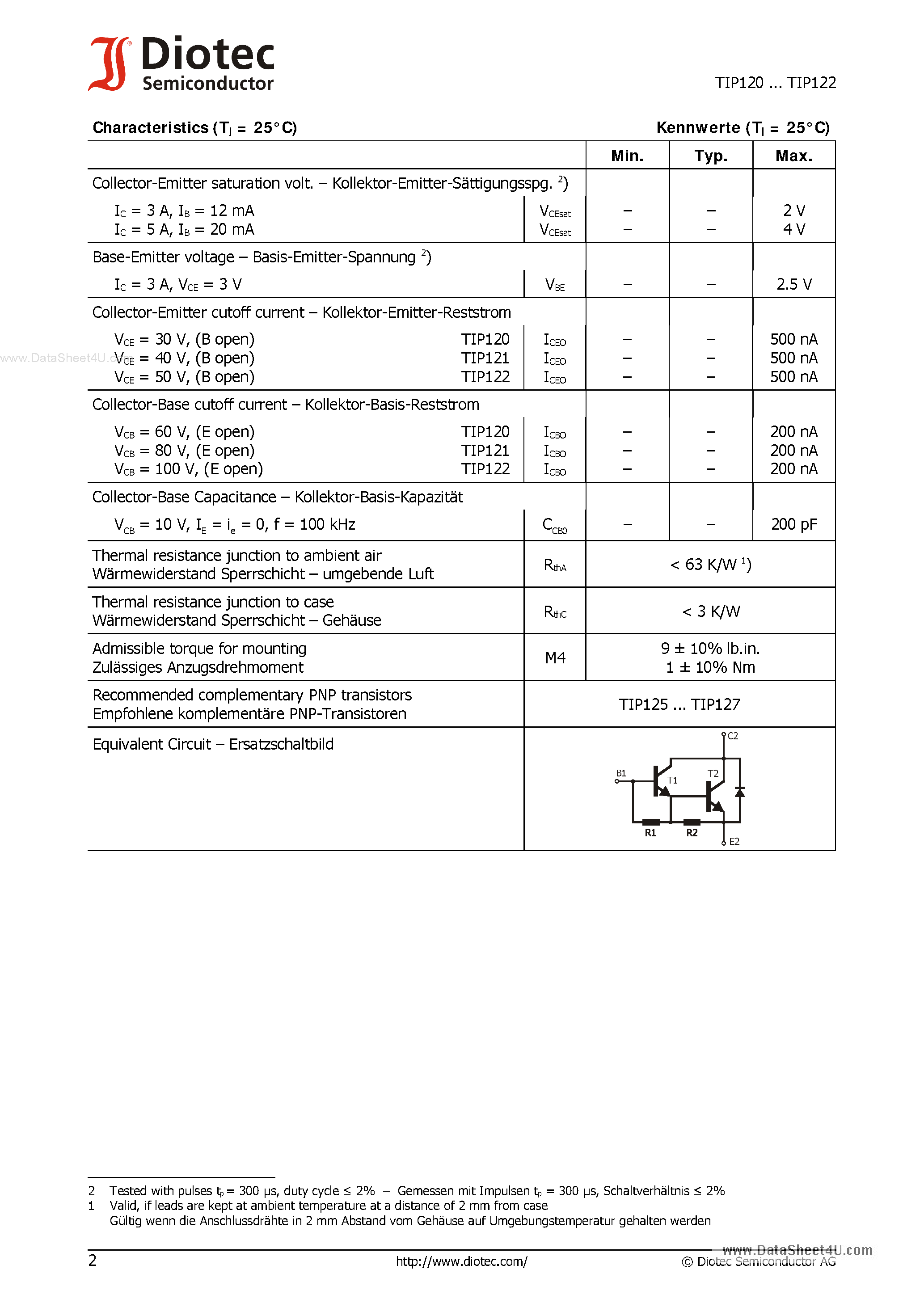 Даташит TIP120 - (TIP120 - TIP122) Si-Epitaxial Planar Darlington Power Transistors страница 2
