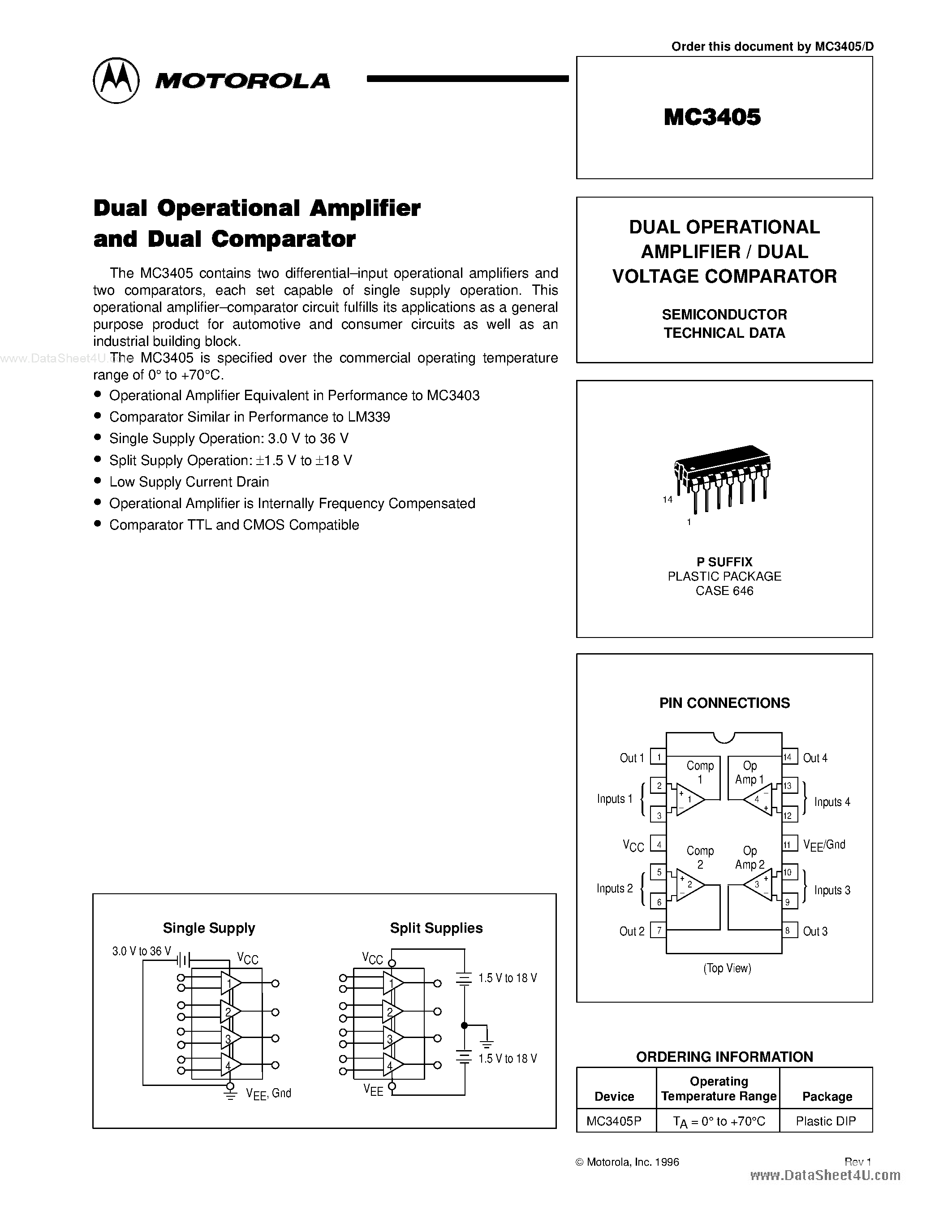 Datasheet MC3405 page 1 Datasheet MC3405 - DUAL OPERATIONAL AMPLIFIER / DUAL VOLTAGE COMPARATOR page 1