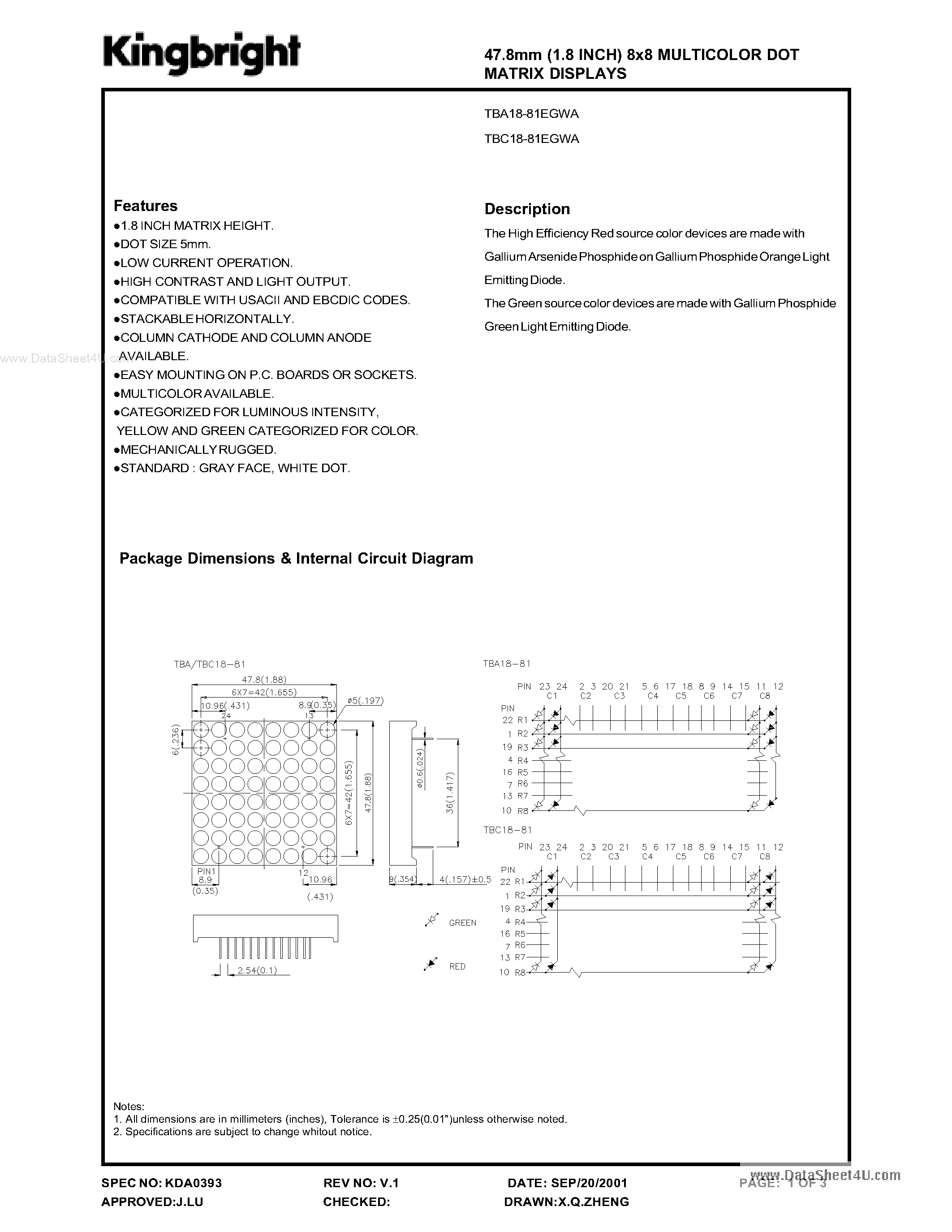 Даташит TBA18-81EGWA - 47.8 MM (1.8 INCH) 8 X 8 MULTICOLOR DOT страница 1