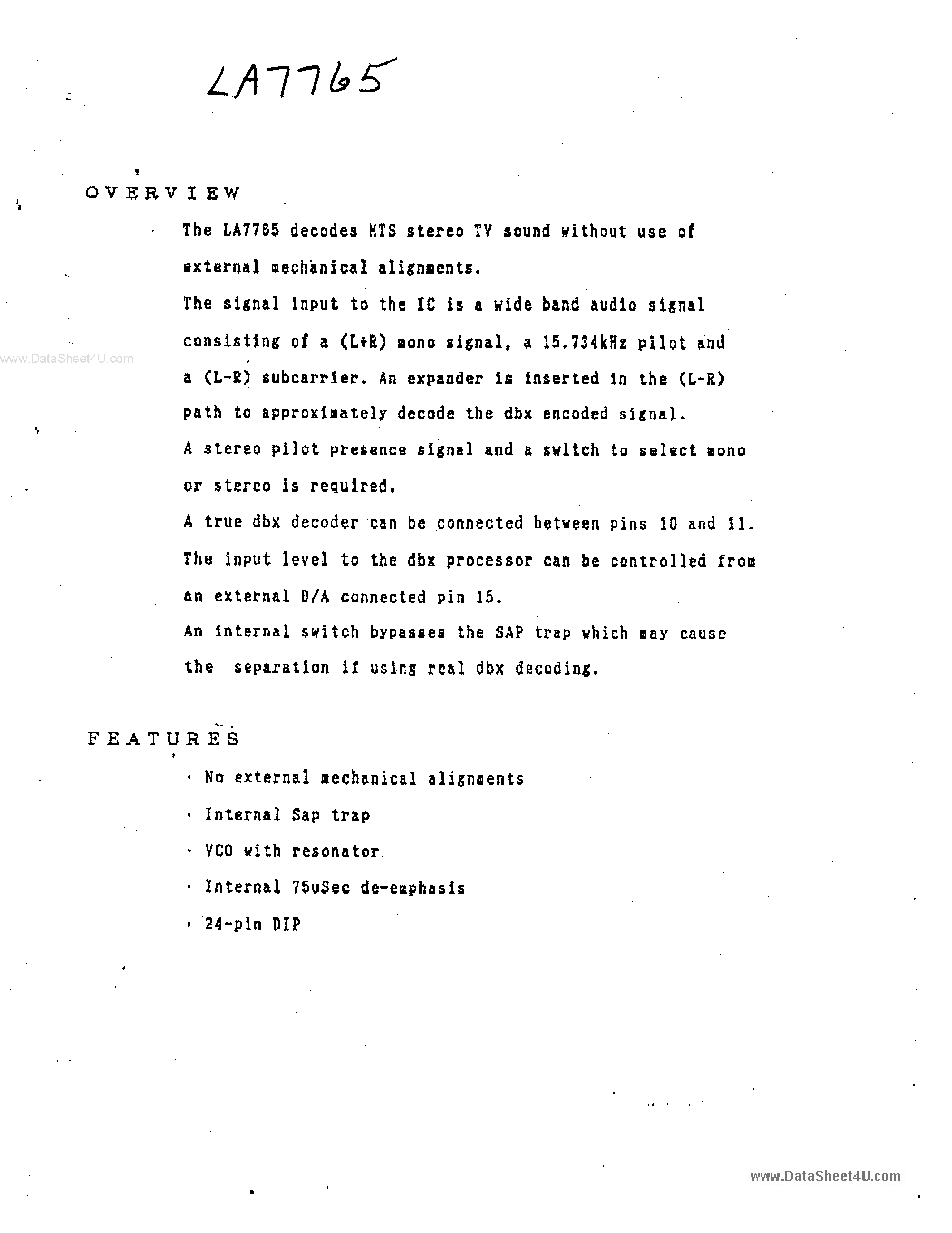 Даташит LA7765 - Decoders MTS Stereo TV Sound страница 1