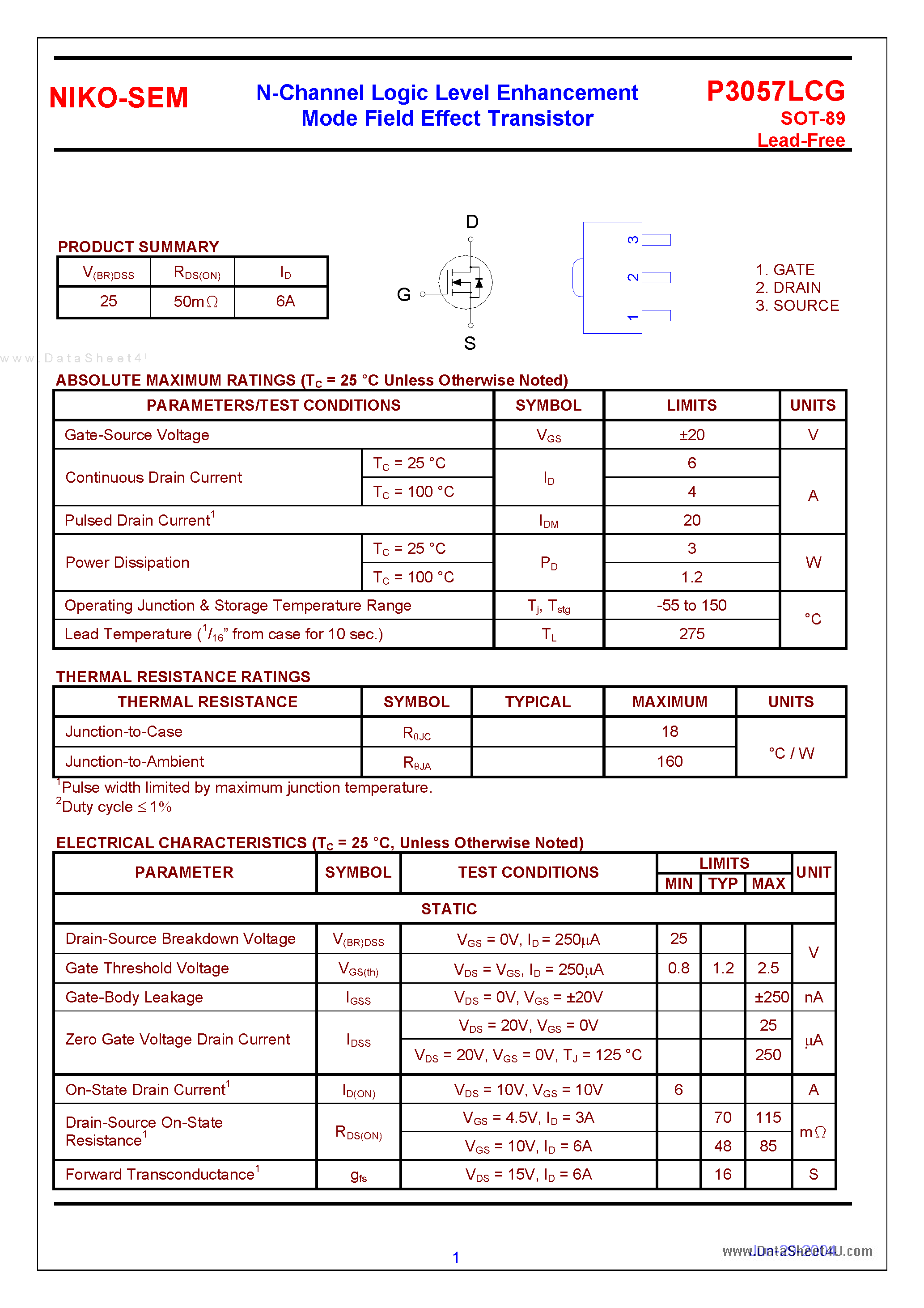 Datasheet P3057LCG - N-Channel Logic Level Enhancement Mode Field Effect Transistor page 1