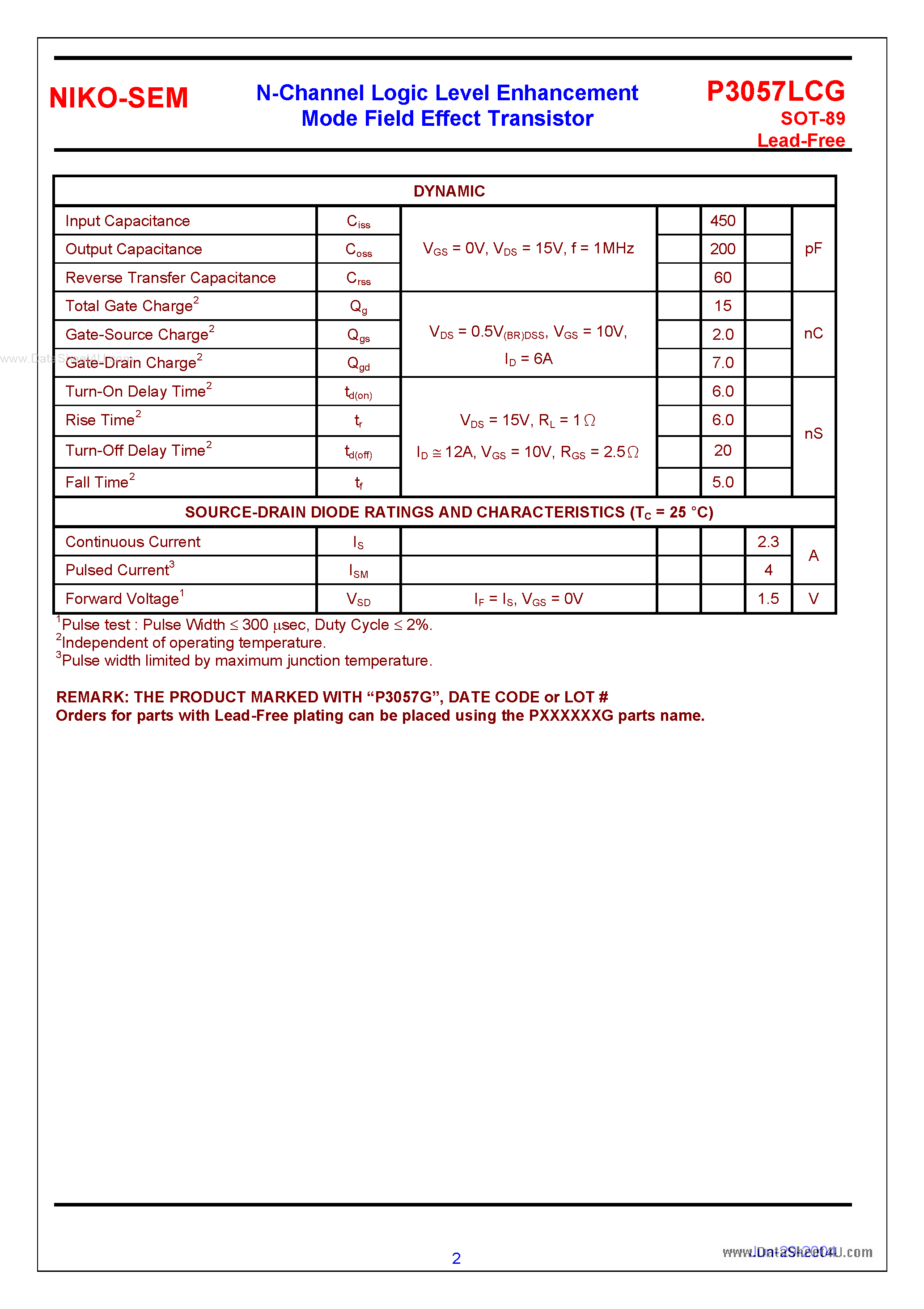 Datasheet P3057LCG - N-Channel Logic Level Enhancement Mode Field Effect Transistor page 2
