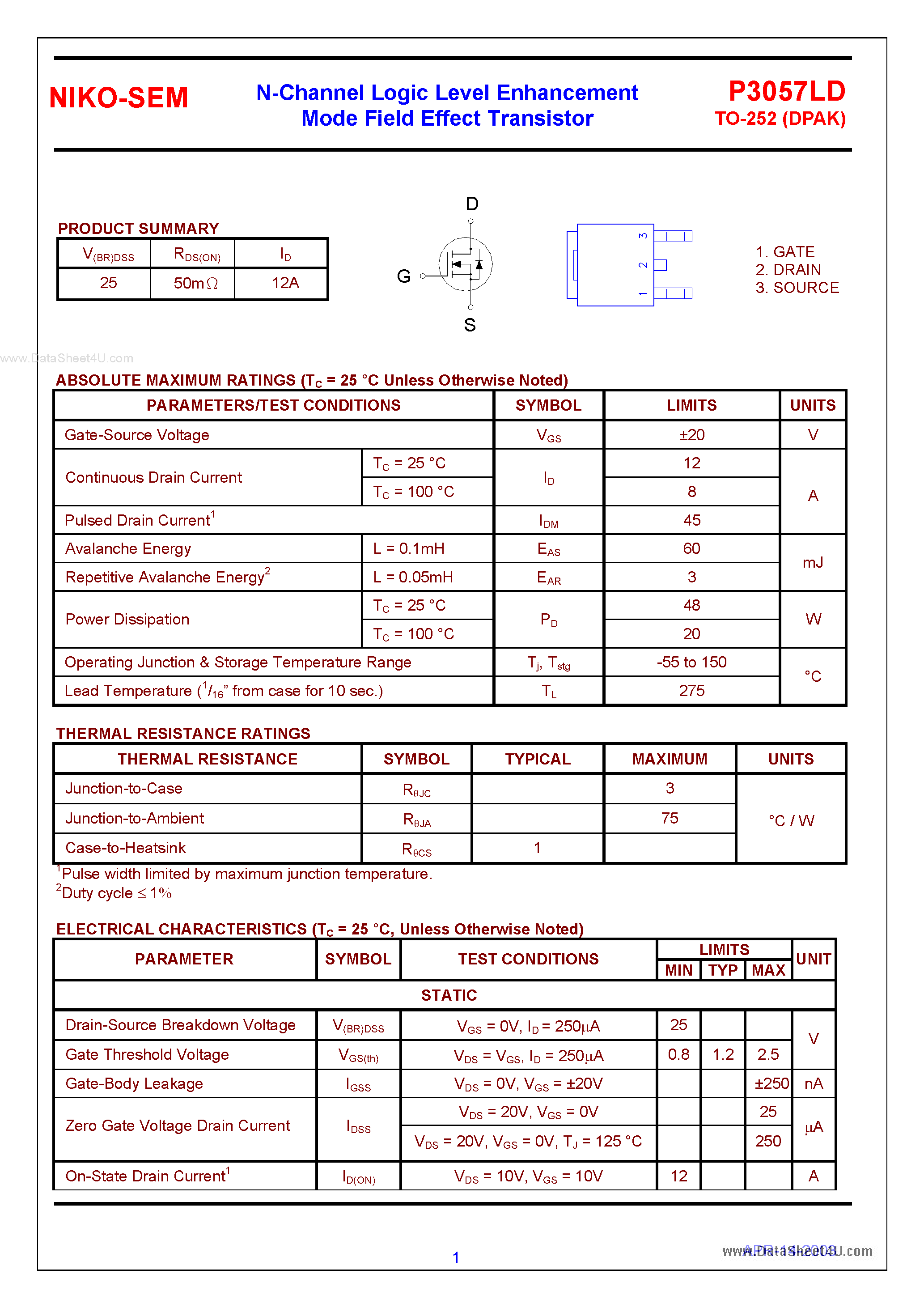 Datasheet P3057LD - N-Channel Logic Level Enhancement Mode Field Effect Transistor page 1
