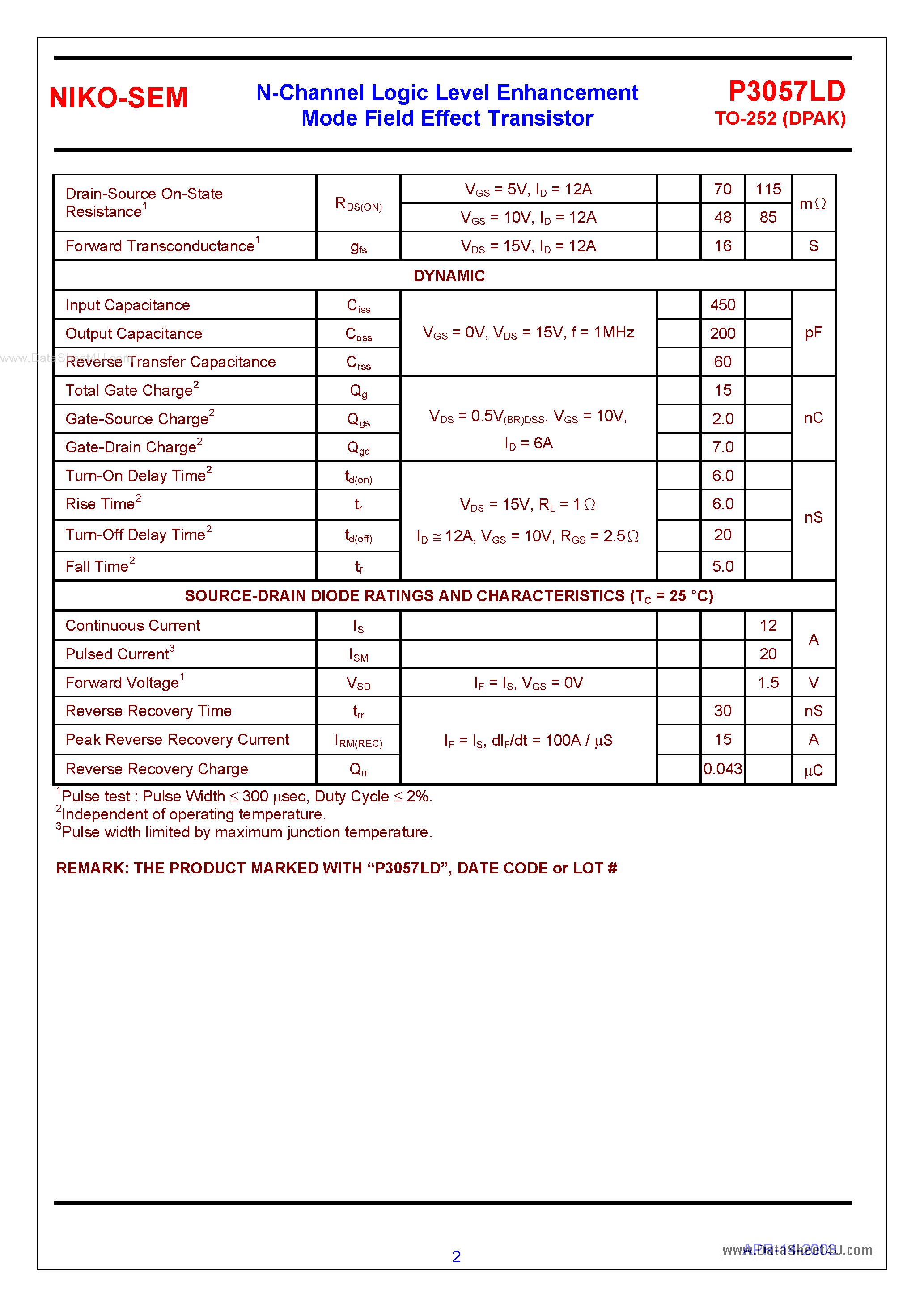 Datasheet P3057LD - N-Channel Logic Level Enhancement Mode Field Effect Transistor page 2